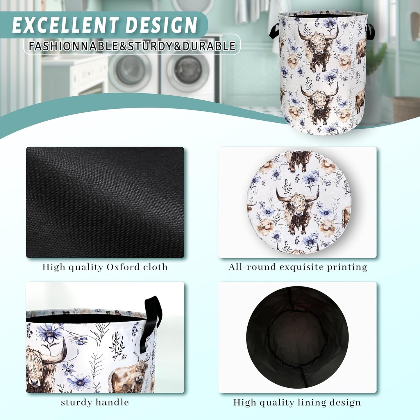 Watercolor Highland Cow Laundry Hamper With Handles Foldable Oxford Cloth Purple Flower Tote Bag Cows Laundry Basket Clothes Toy Storage Bucket 18.9" x 16.5"For Bathroom/Laundry/Bedroom