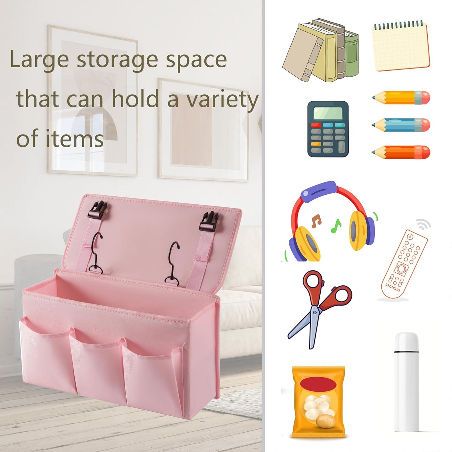Bedside Caddy Bedside Storage Organizer,Bed Caddy With Thickened Material Suitable for Homes, Dormitories, Hospitals, Cribs, RVs，Great for Magazines,Books,Remote, Phone (Pink)
