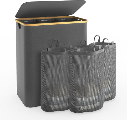 Laundry Hamper with Lid, 145L Extra Large Hamper 3 Section Dirty Clothes Hampers for Divided Basket Organizer for Bedroom, Laundry Room, Grey