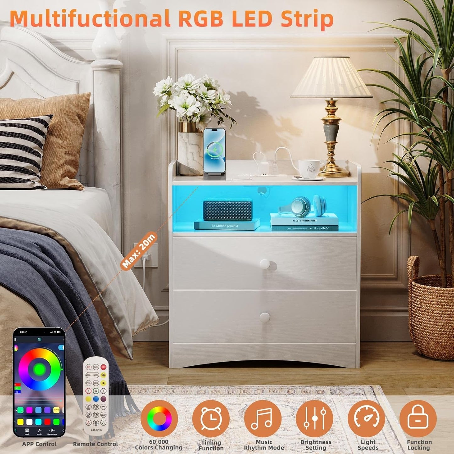 Nightstand with Charging Station and LED Light,Modern Nightstand with USB Ports and Outlets,Wood Bedside Tables with 2 Storage Drawers,Small Dresser for Bedroom Small Space,White