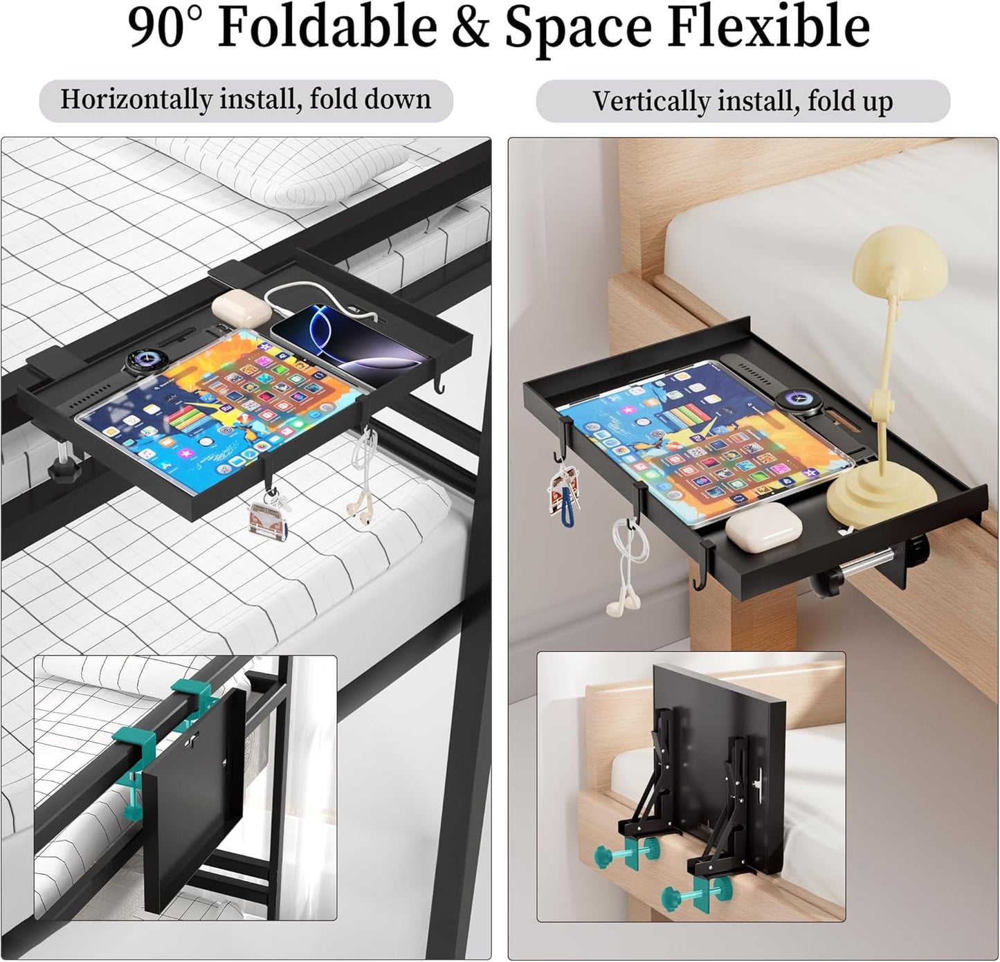 Foldable Bedside Shelf, Metal Clip-On Bed Tray Table for Bunk Bed & Dorm Beds, Dorm Room Essentials Organizer for College Students, Floating Tray, Space Saving Nightstand for Loft Beds (Black, Large)