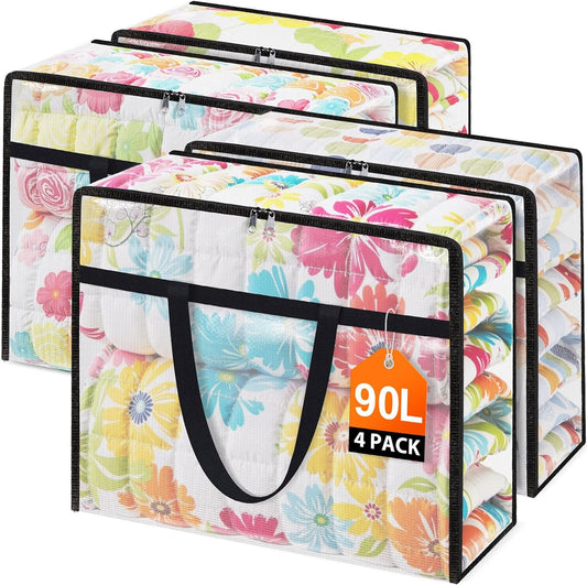Clear Under Bed Storage Containers - 4 Pack Large Capacity Clothes Storage Bags with Lid & Sturdy Handles, Foldable Moving Bags, Clothing Organizer Totes for Bedding, Comforter, Sheet（90 L）