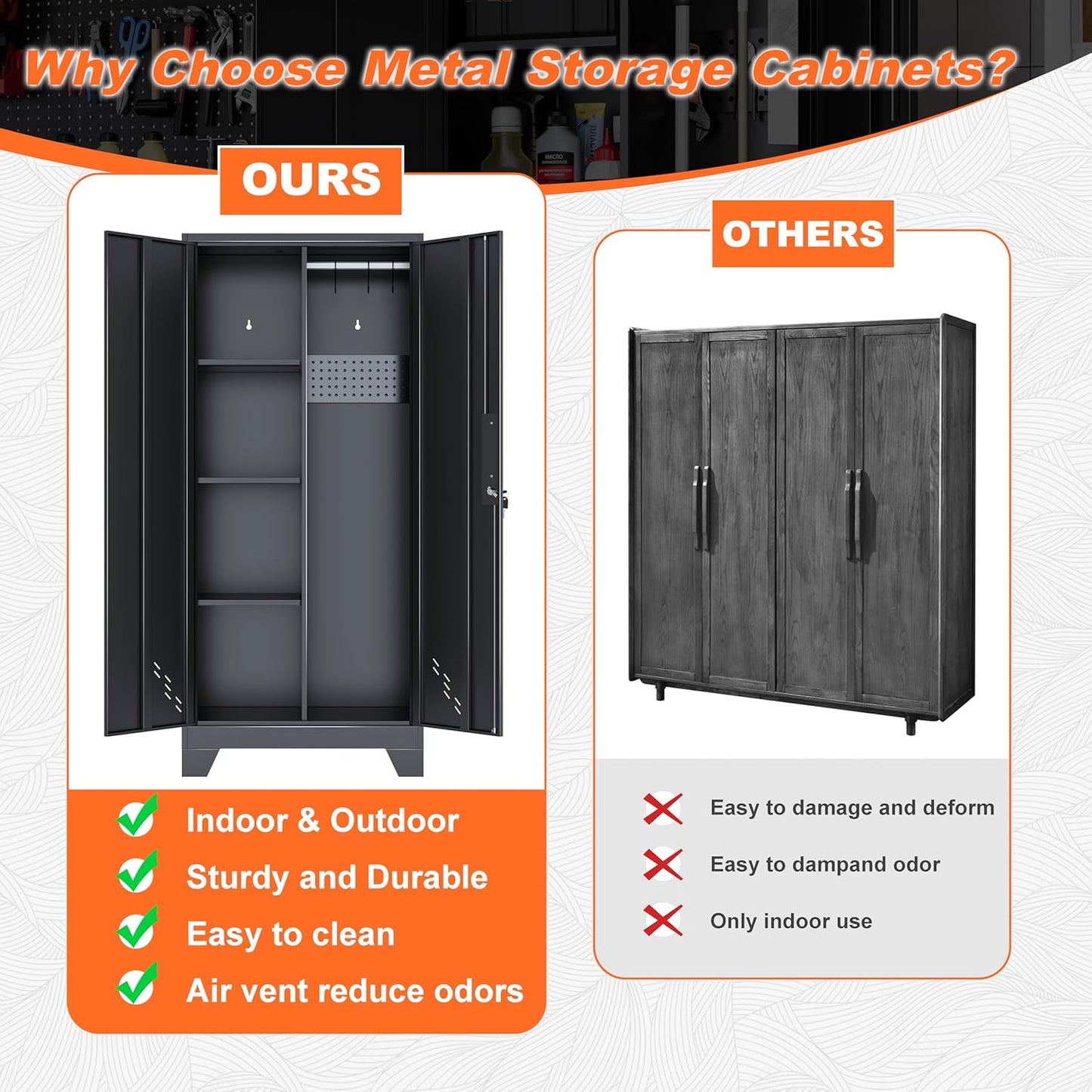 Storage Cabinet 61" H, Metal Outdoor Sheds with Shelves for Tools Storage, Cleaning Supplies Closet with Removable Pegboard for Outdoor, Garage, Utility Room