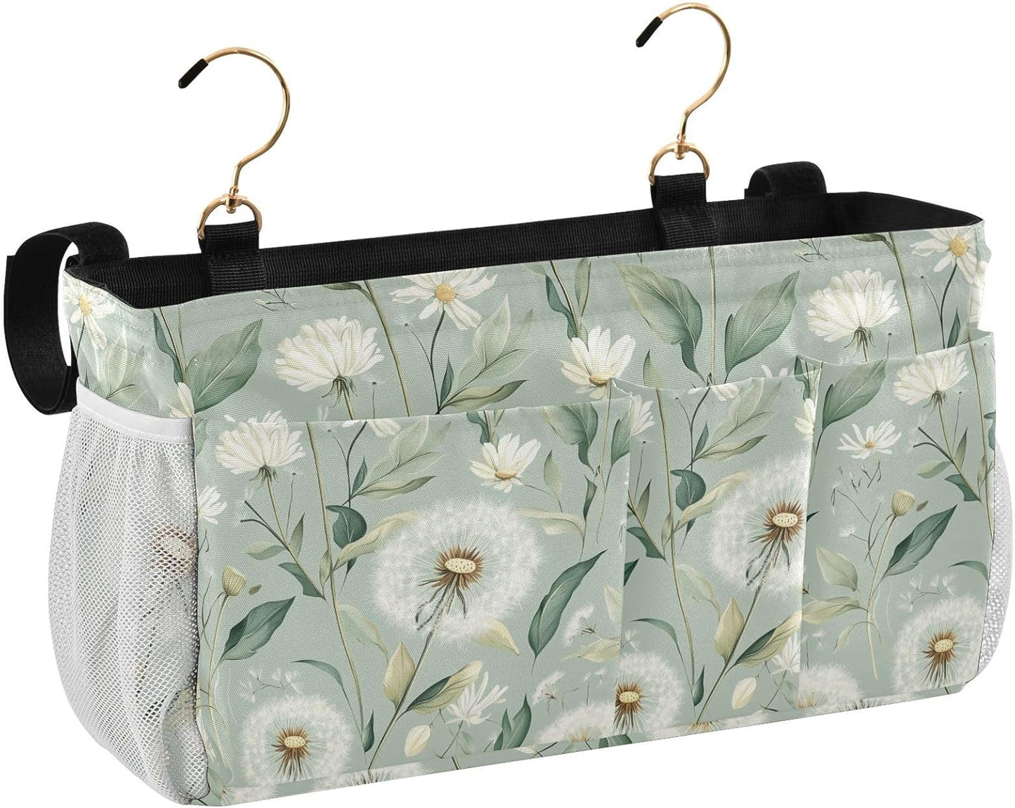 Sage Green Dandelion Bedside Caddy for Dorm Bed Bedside Hanging Caddy Bag Iron Frame Storage Organizer Pocket for Bunk Home College Hospital Beds 2 Hooks