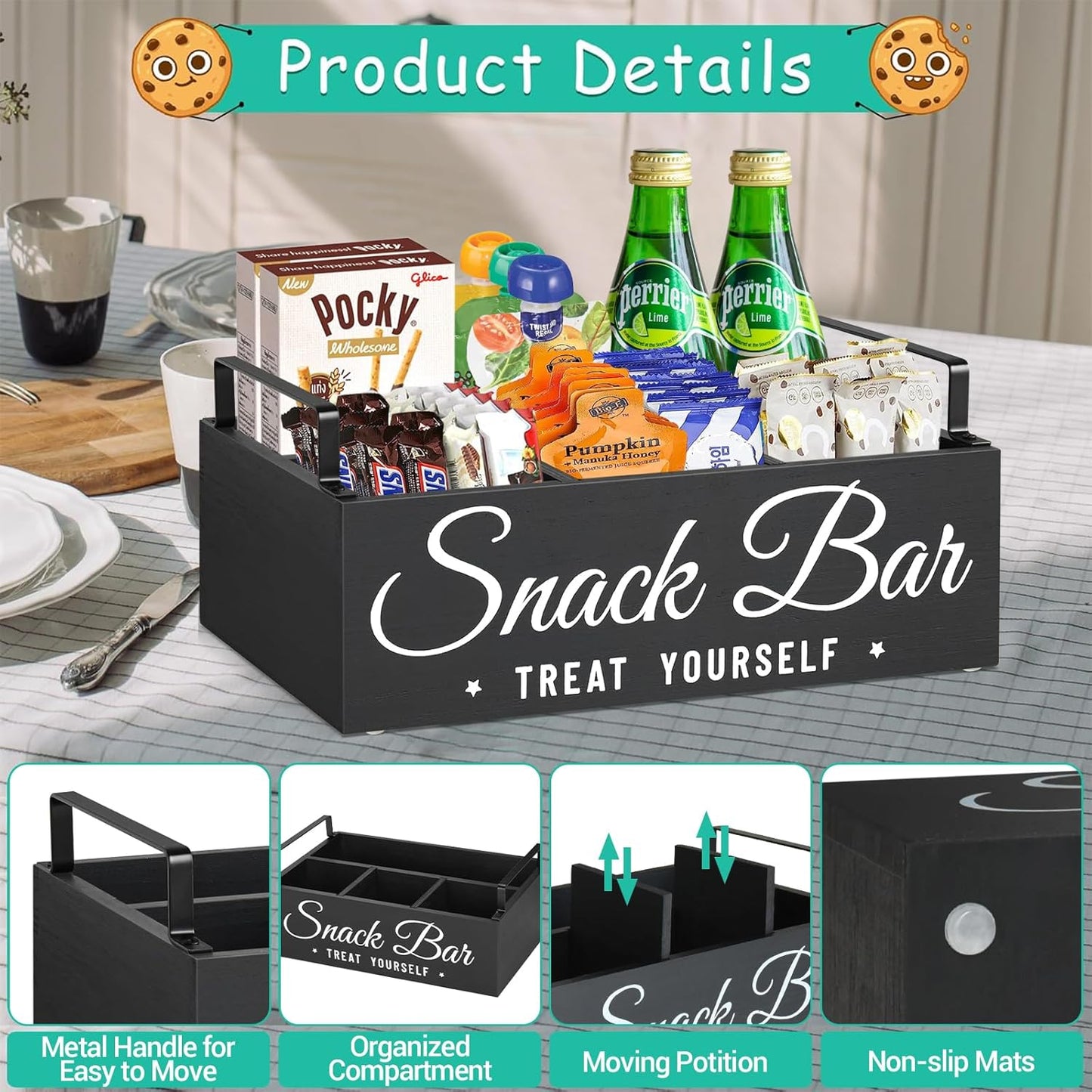 Unistyle Wood Pantry Storage Bins with Handles, Snack Organizer for Countertop, 4 Compartment Food Container Snack Box, Black