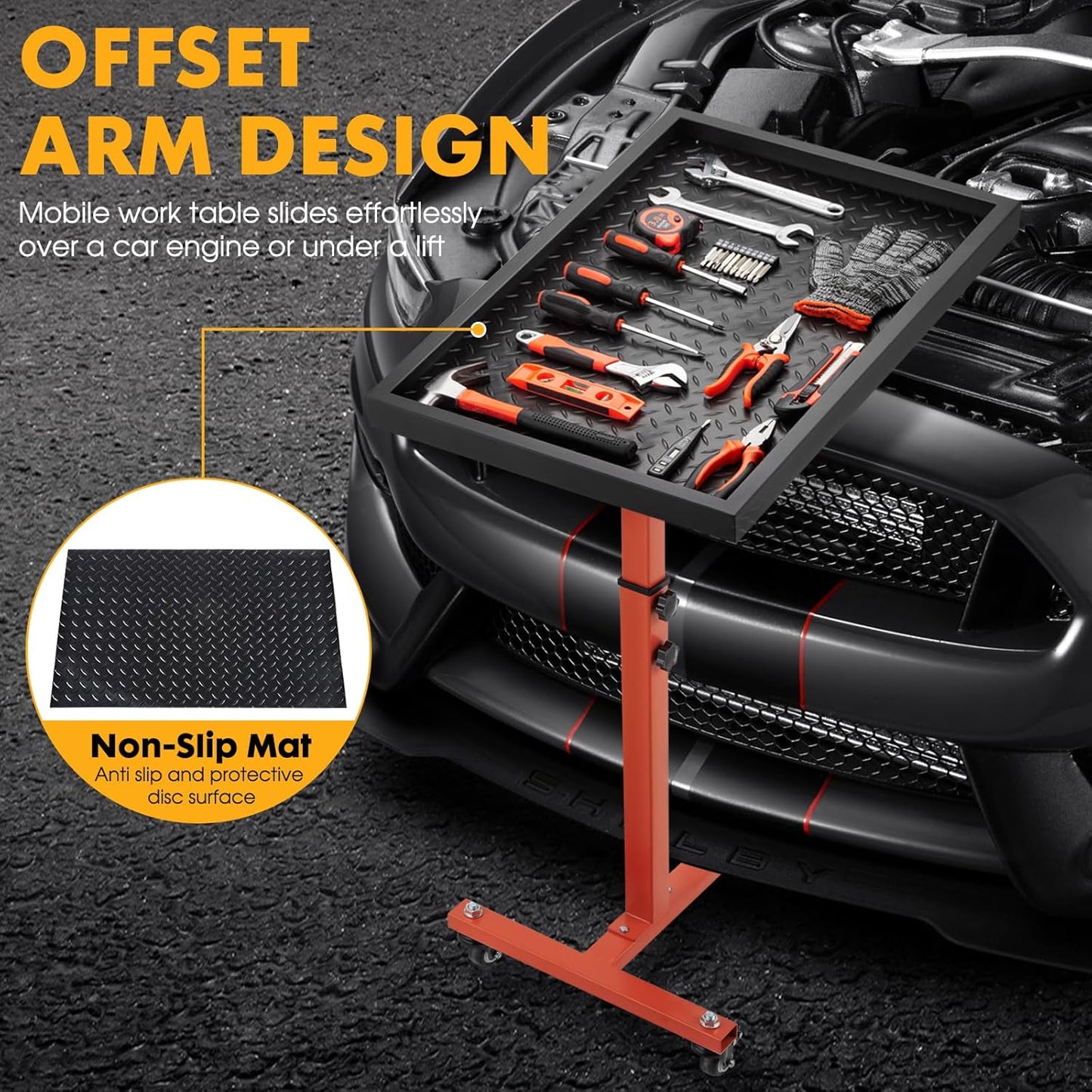 Adjustable Work Table with Wheels, Mechanic Rolling Tool Tray Table for Garage Repair Shops DIY, 220LBS Capacity Mobile Heavy Duty Steel Tool Cart (Orange)