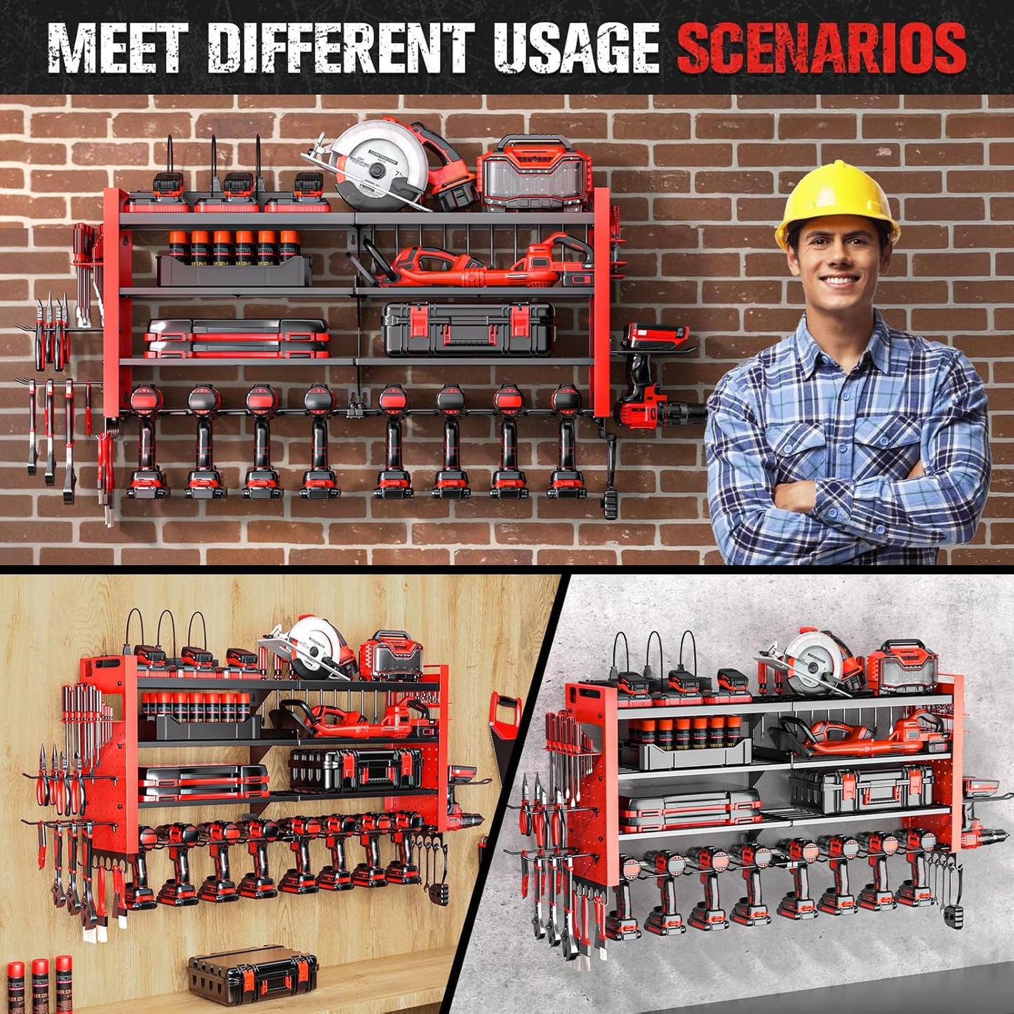 Heavy Duty Power Tool Organizer Wall Mount with Charging Station, Large Garage Organization with 10 cordless Drill Holder, 4 Layers Tool Organizers and Storage, Tool Rack with 6 Power Strip, Red