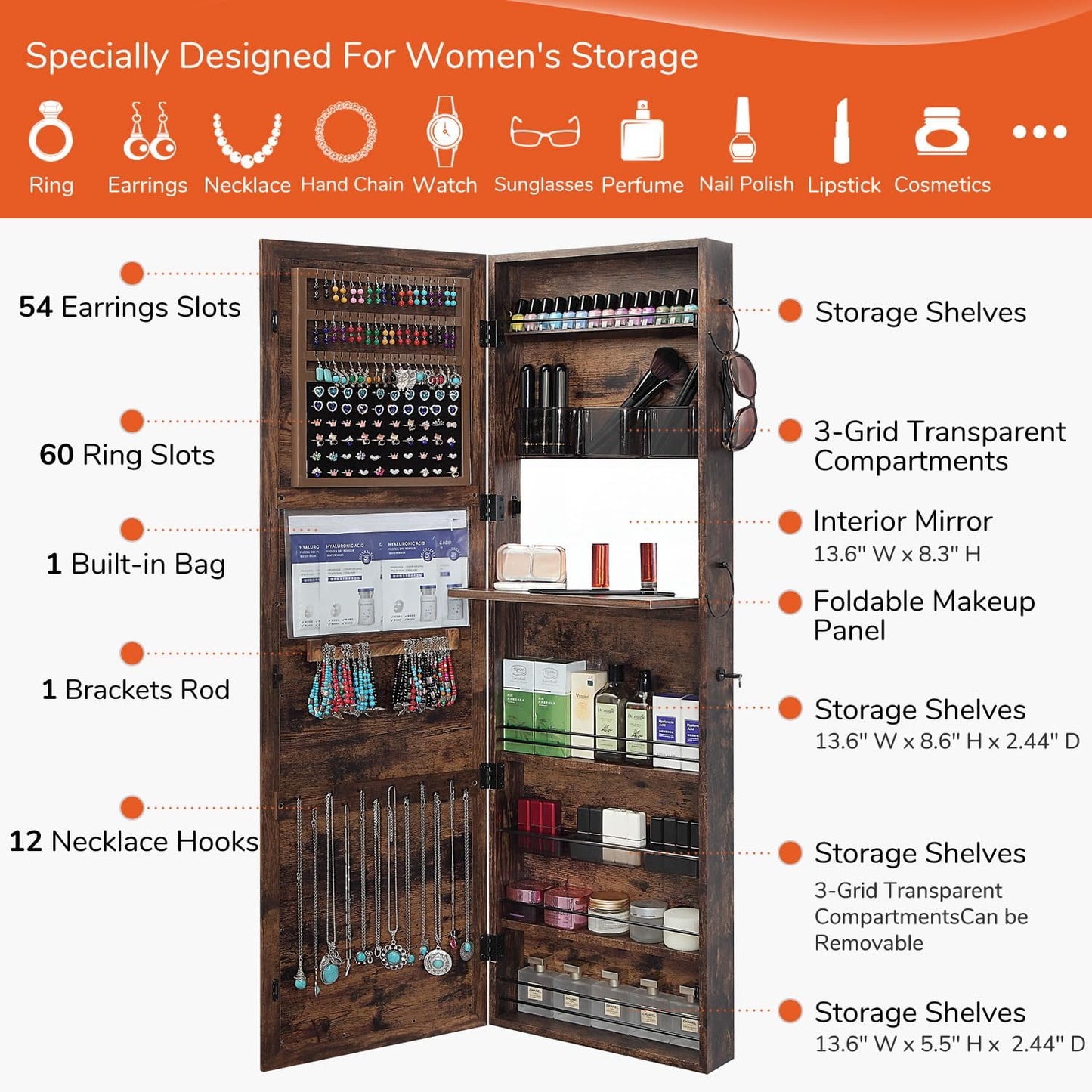 GISSAR Jewelry Mirror Armoire Wall Mount Over The Door Mirror Jewelry Cabinet Storage Mirror Organizer Lockable Full Length Door Mirror,Vintage Brown, GMJ2003V
