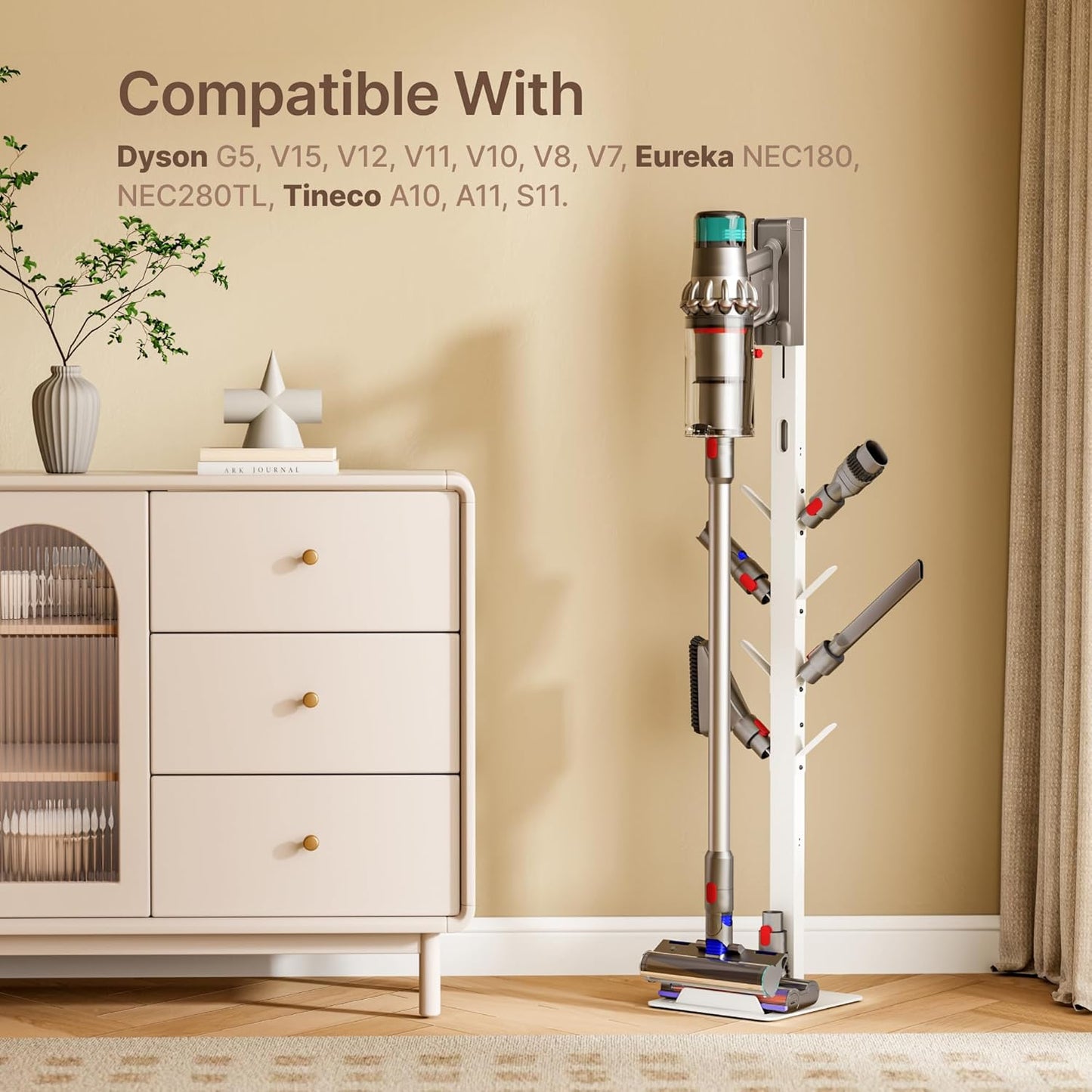 Vacuum Stand for Dyson Gen5 V15 V12 V11 V10 V8 V7 V6, Tineco S11 A10 A11, Eureka NEC180 280TL, Cordless Vacuum Cleaner Holder with 8 Storage Hooks, Accessories & Attachments Organizer, White