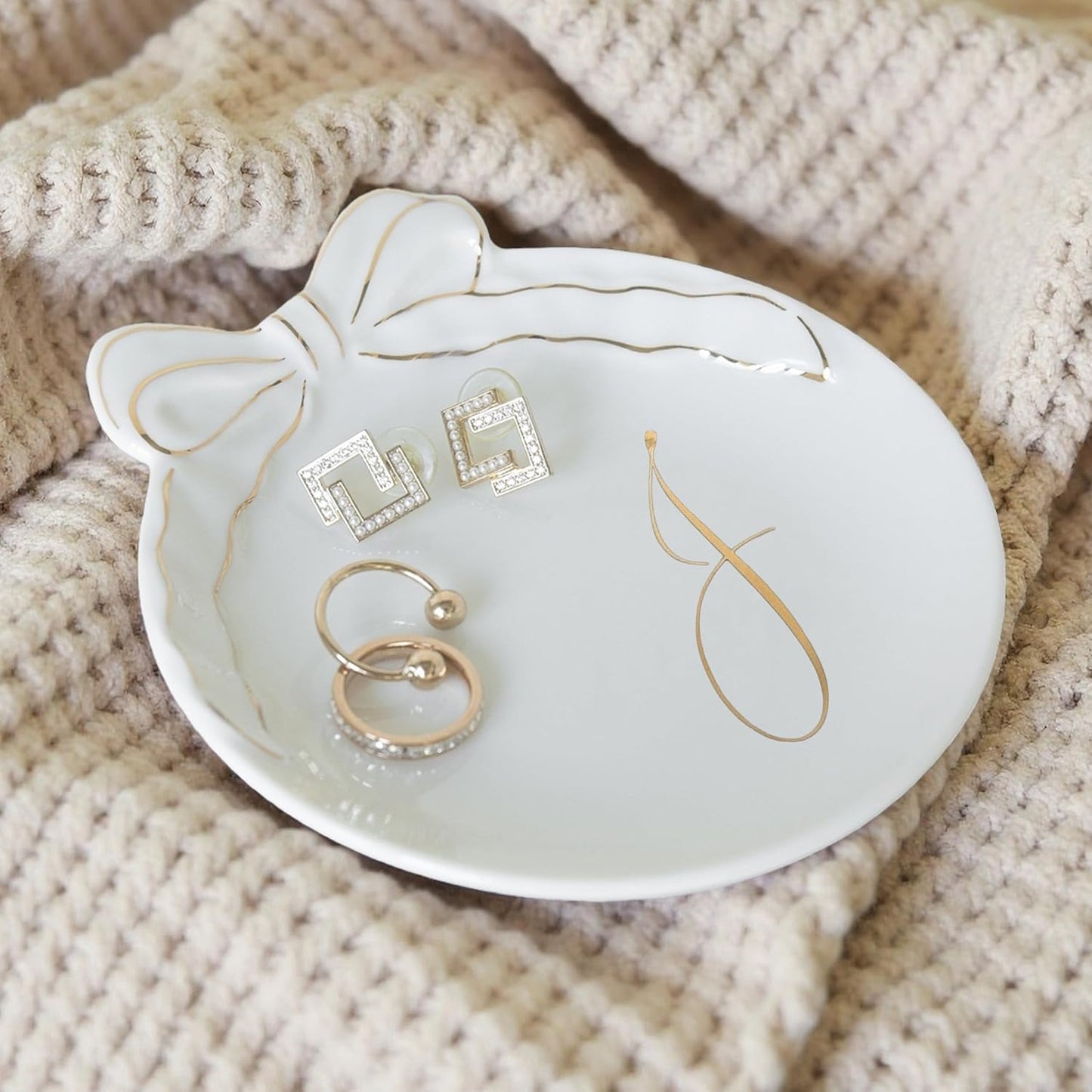 COLLECTIVE HOME - Personalized Initial Ceramic Jewelry Tray with Bow, Christmas Gift Ideas for Women, Small Gift for Girlfriend Wife, Ring Holder, Earrings Dish, Birthday Gift for Her (J)