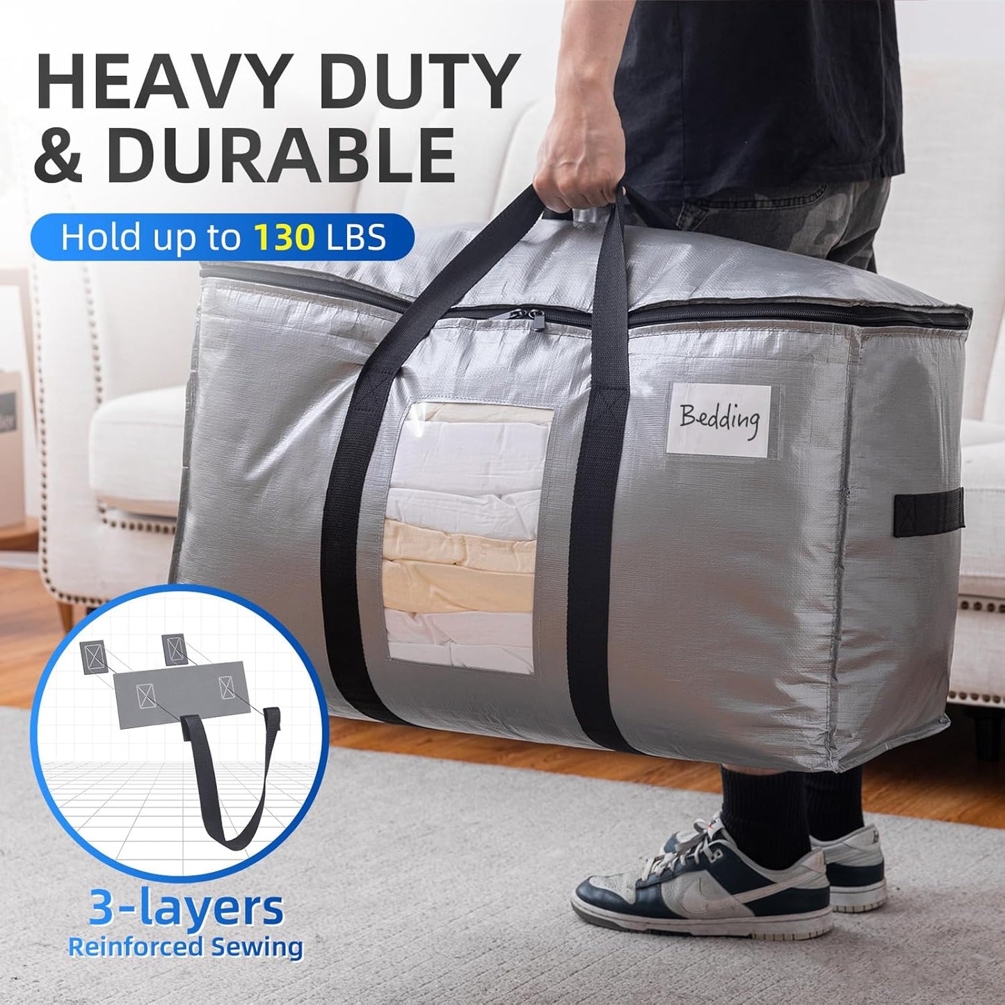 TAILI Extra Large Moving Bags, 10 Pack Silver Heavy Duty Totes for Storage with Visible Window, Wrap Around Handles, Storage Bags for Space Saving, Alternative to Moving Boxes