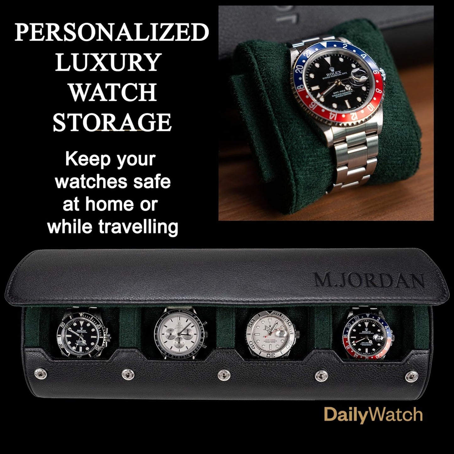 DailyWatch | Personalized Watch Roll Travel Case For 4 Watches - Handmade Genuine Leather Travel Case With Custom Engraving of Name or Initials - Black Green
