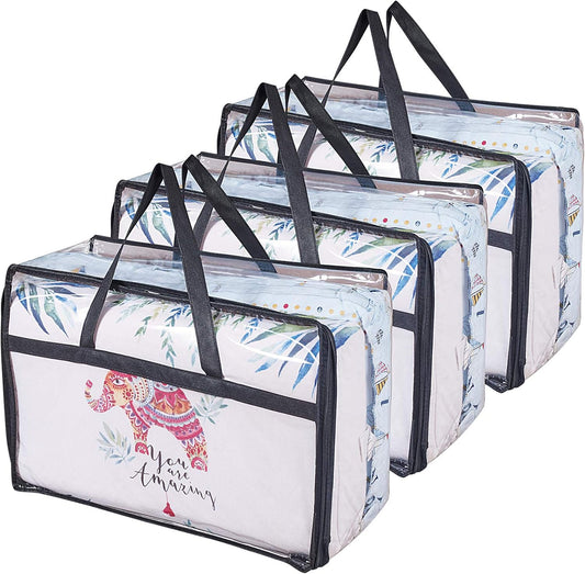 Clear Clothes Storage Bag Organizer with Reinforced Handle, Vinyl Storage Bags for Comforter, Blanket, Bedding, Toys, Transparent Moving Totes with Sturdy Dual Zippers, 3 Pack, 55 L, Black