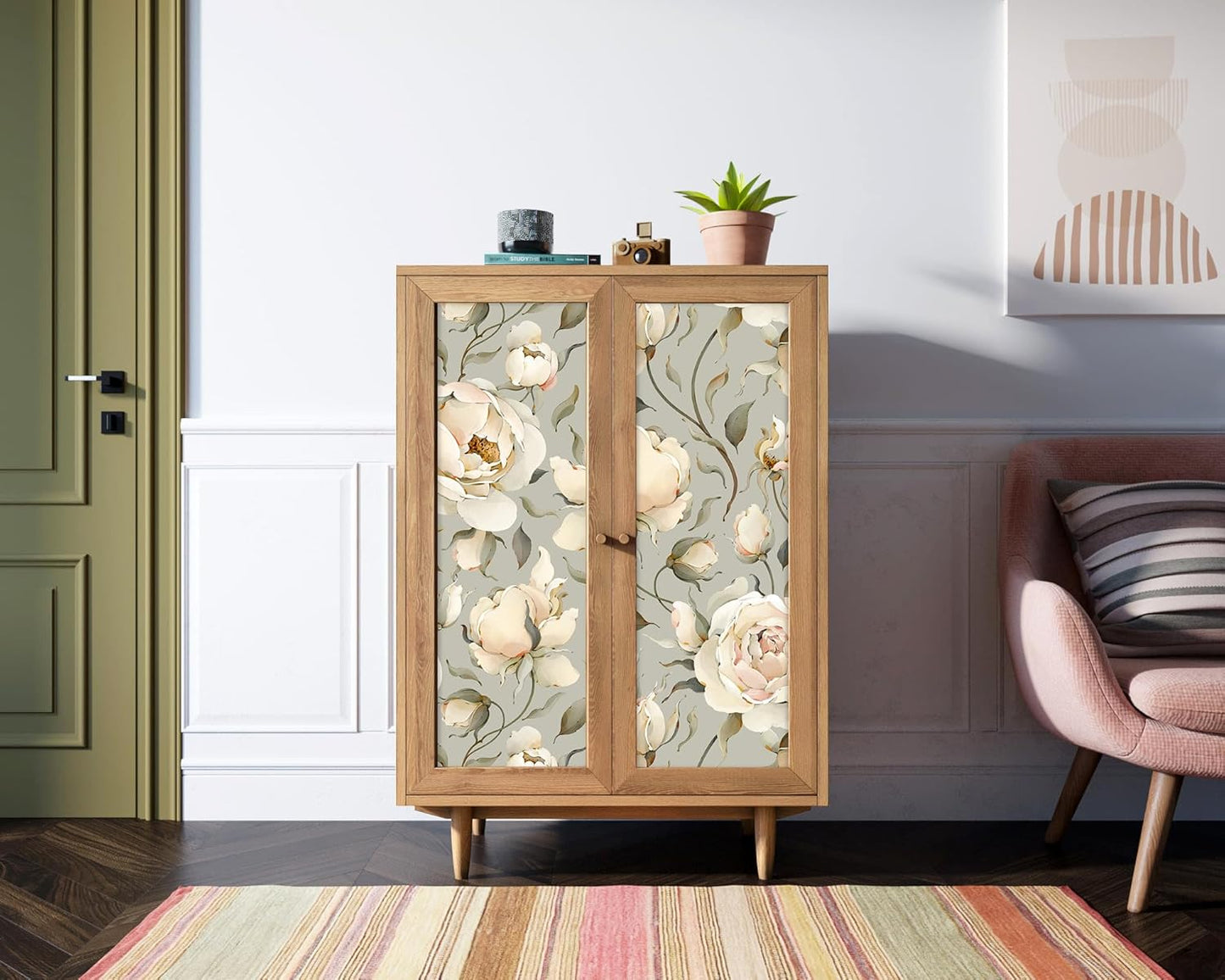 HAOKHOME Shelf Liner and Cabinet Liner Floral Peony, Self-Adhesive Drawer Liners, Peel and Stick Contact Paper for Kitchen Cupboard, Non Slip Bathroom Drawers, Green Cream 17.7in x 6.5ft