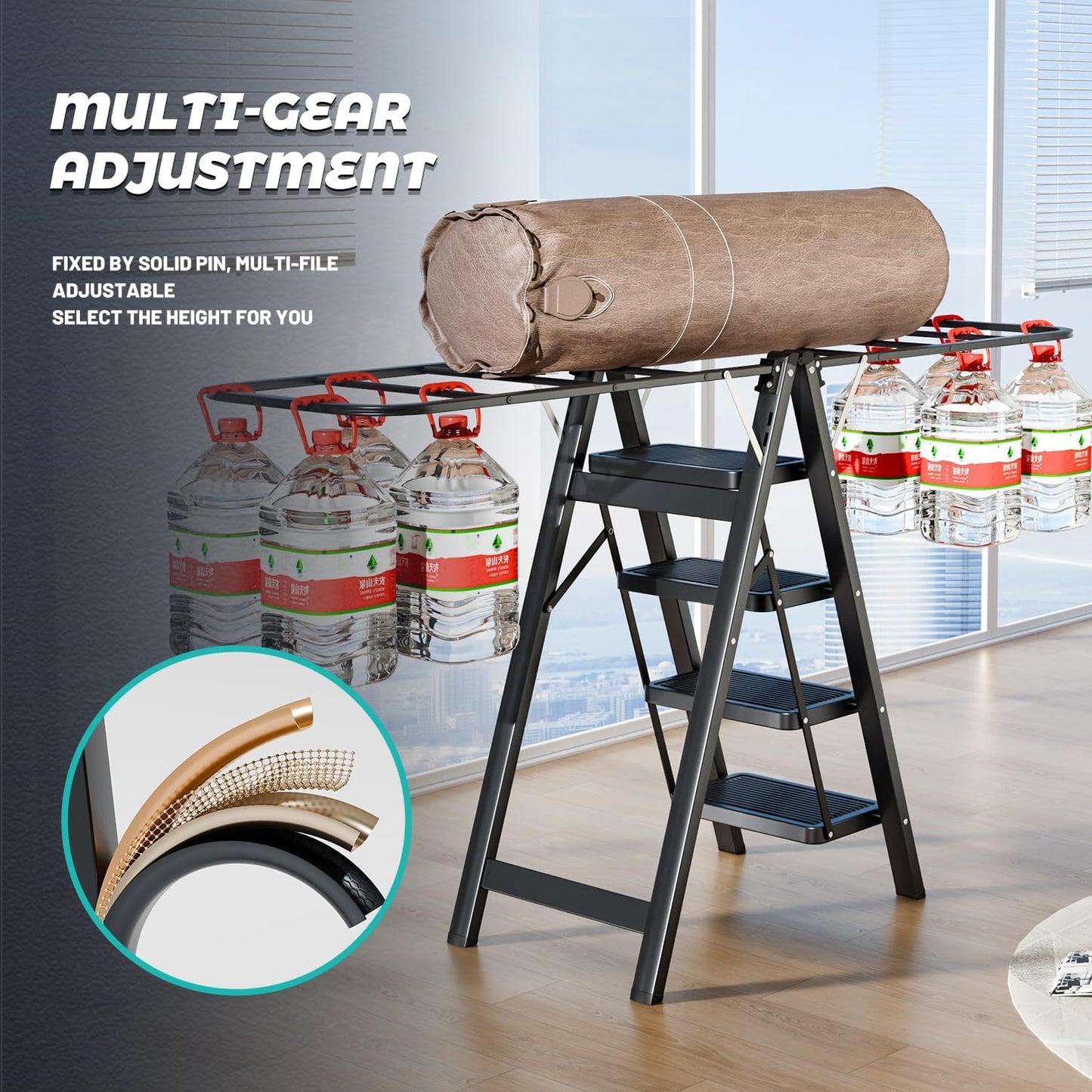 Multi-Functional 5 Step Ladder Used as Clothes Drying Rack,Sturdy Carbon Steel Ladder,Widened Pedal,Foldable & Portable Clothes Drying Rack, Space-Saving Design Indoor&Outdoor Drying (Black)