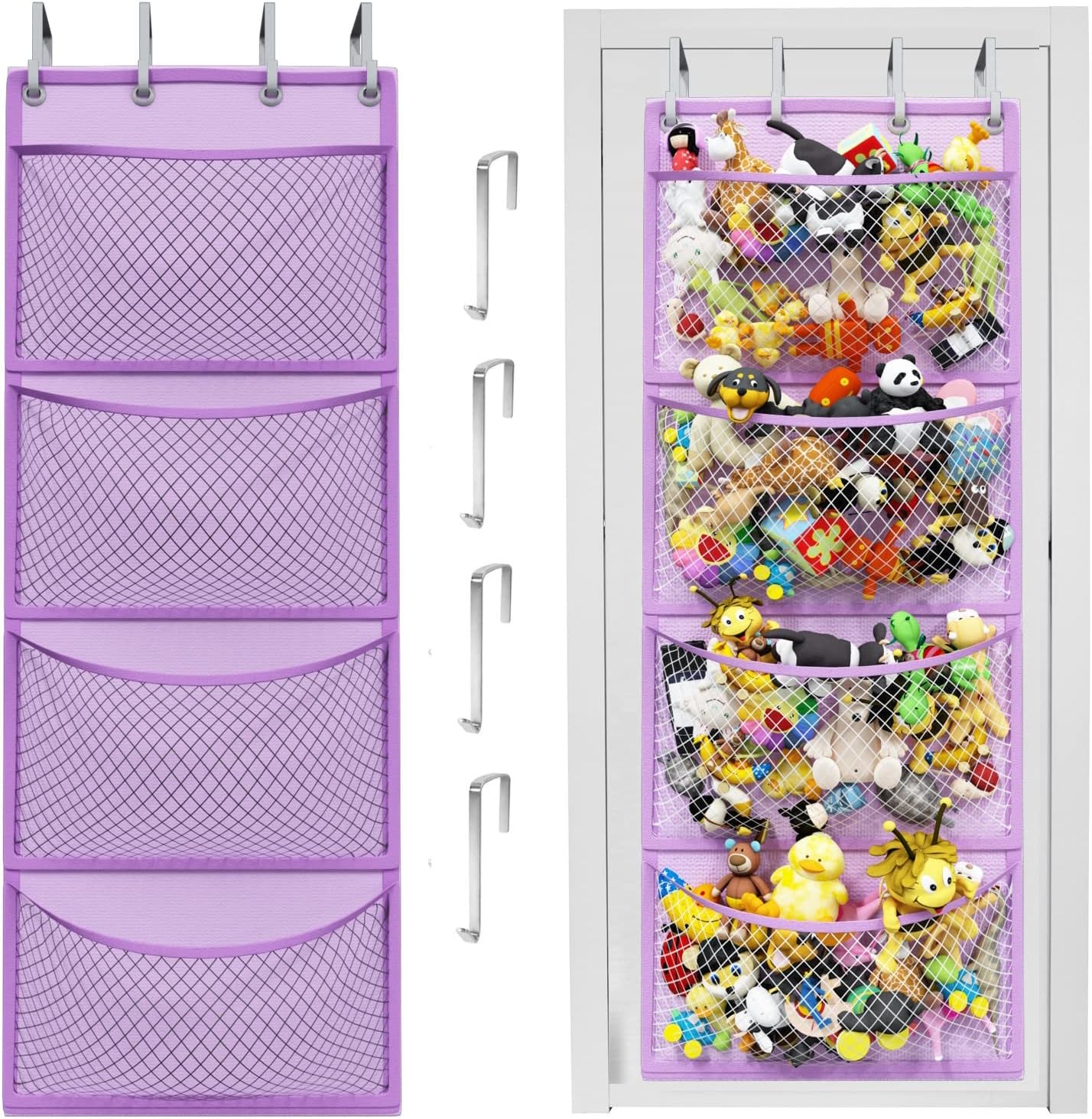 Honeyera Plush Storage (Patent Pending) - Plush Hammock Net Over Door Organizer for Stuffies, Baby Accessories, Toy/Hammock Hanging Storage Big Girls Toddler Large Bag Animals (Purple)
