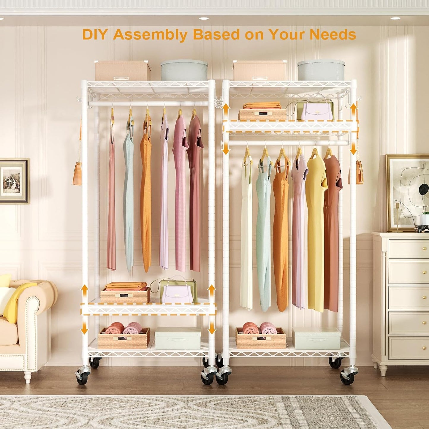 FUTASSI P6 Mini Rolling Clothes Rack Heavy Duty, Clothing Racks for Hanging Clothes, Freestanding Garment Rack with Wheels, Portable Closet Rack Max Load 360LBS, 23.6''W x 14''D x 74.6''H, White