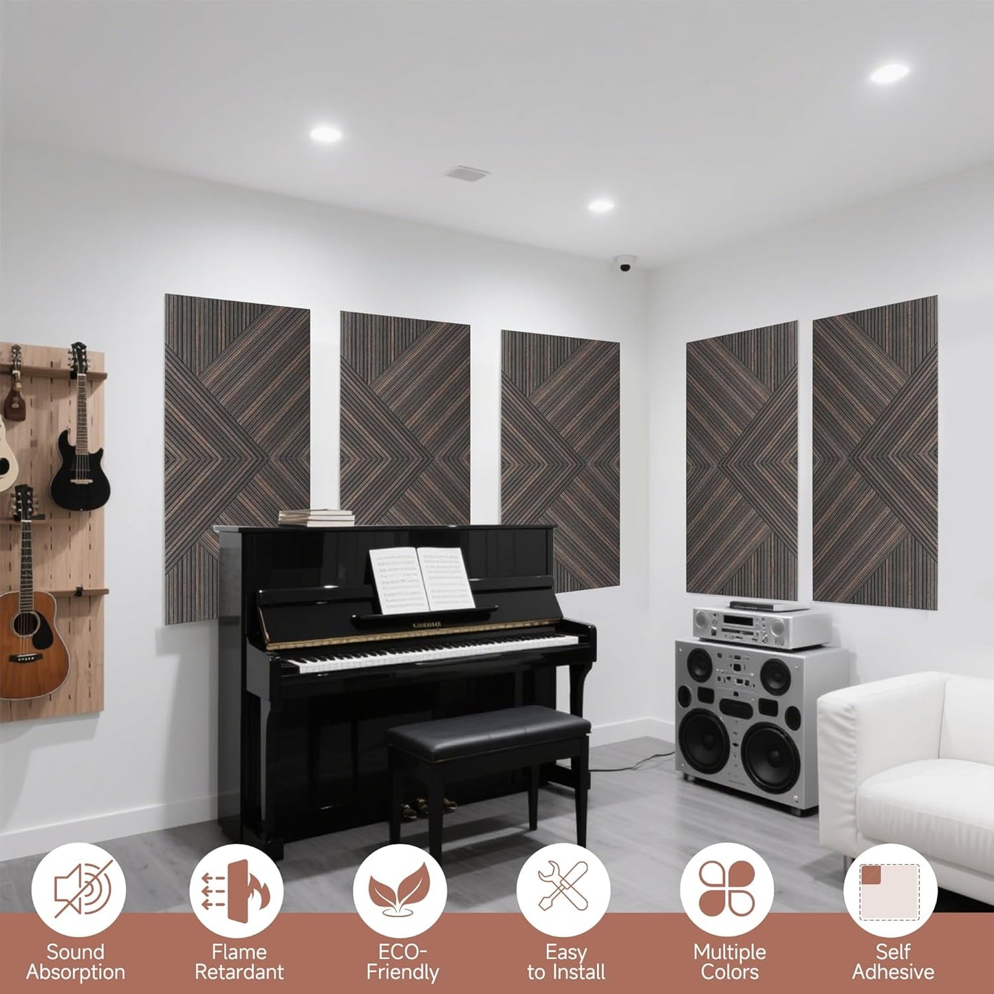 TO-TH Acoustic Wall Panels,6 Pack Total Size 72 x 48 Inches,Self-Adhesive Decorative Acoustic Panels for Wall and Ceiling,3D UV Printing with Wood Look,Rustic Walnut