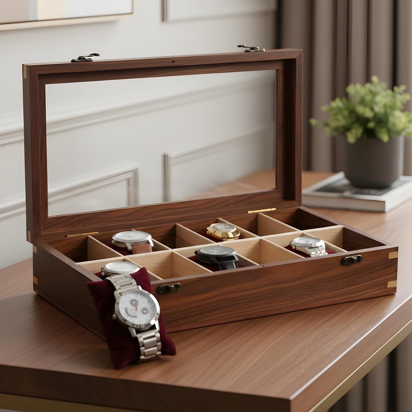 Wooden Watch Box for Men & Women, Watch Organizer & Display Case, Premium Long-Lasting Watch Holder for Storage, Elegant Gift for Watch Collectors (Glass Top, 12 Slots)