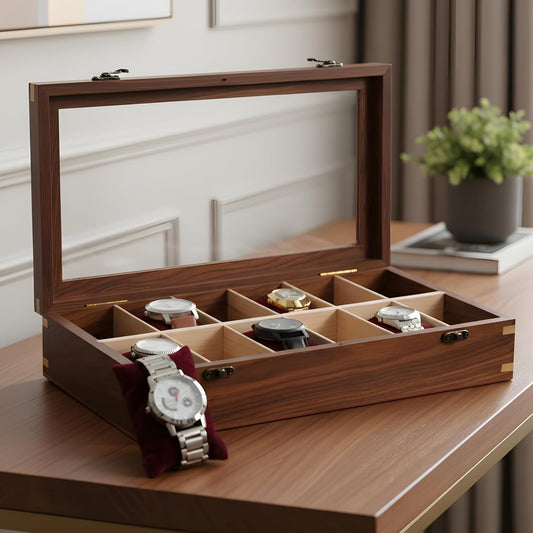 Wooden Watch Box for Men & Women, Watch Organizer & Display Case, Premium Long-Lasting Watch Holder for Storage, Elegant Gift for Watch Collectors (Glass Top, 12 Slots)