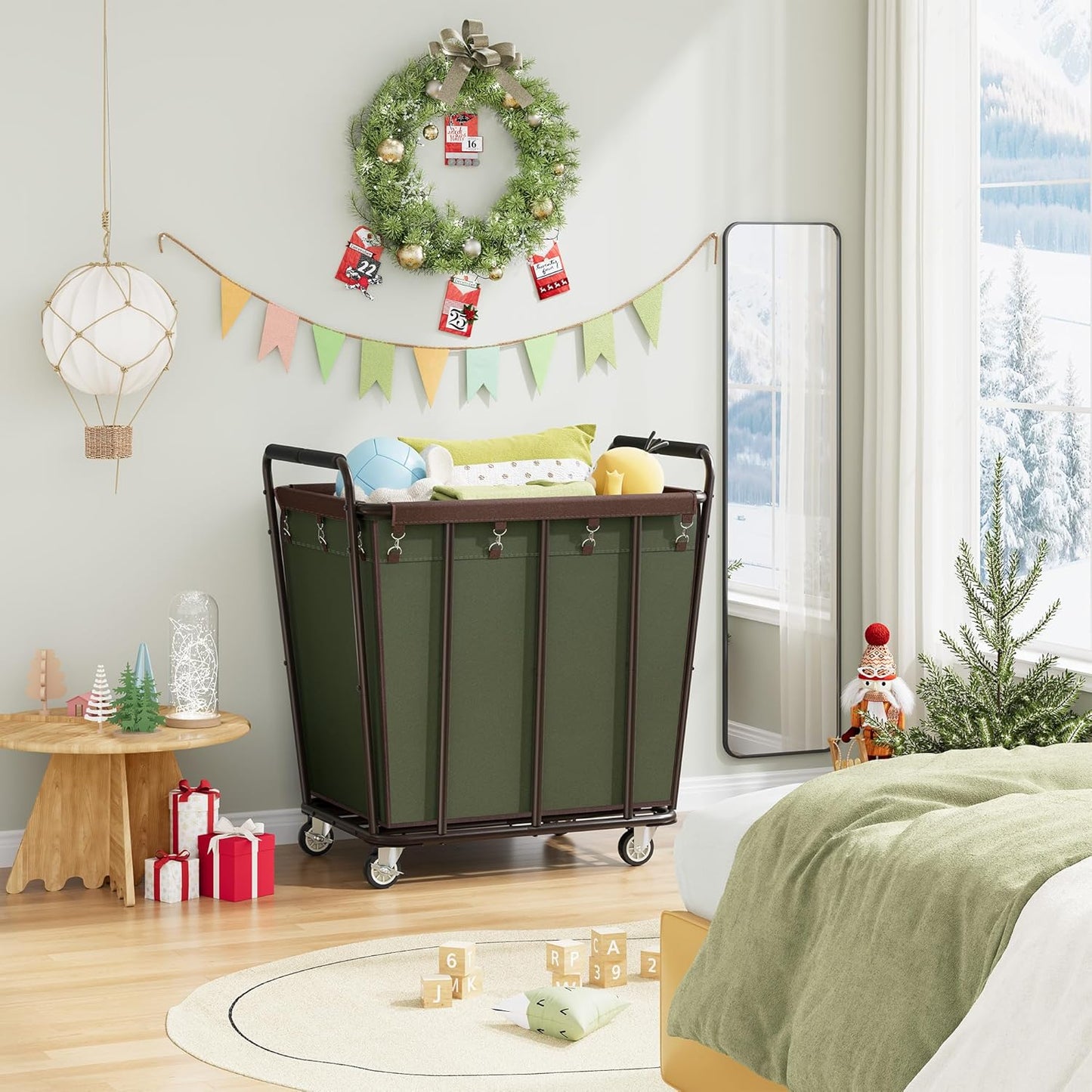 Hoctieon Large Laundry Cart with Wheels, 400L Heavy Duty Laundry Basket Organizer, Rolling Hamper Sorter for Clothes Storage, Industrial Dirty Clothes Hamper for Home & Hotel, Green+Brown