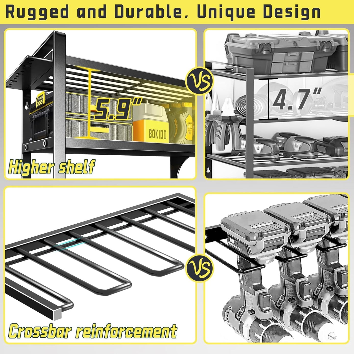 Power Tool Organizer Wall Mount,4 Layers Heavy Duty Storage Rack with 8 Drill Holder, Easy Installation, Tool Organizer Wall Mount for Garage Workshop and Home Organization.