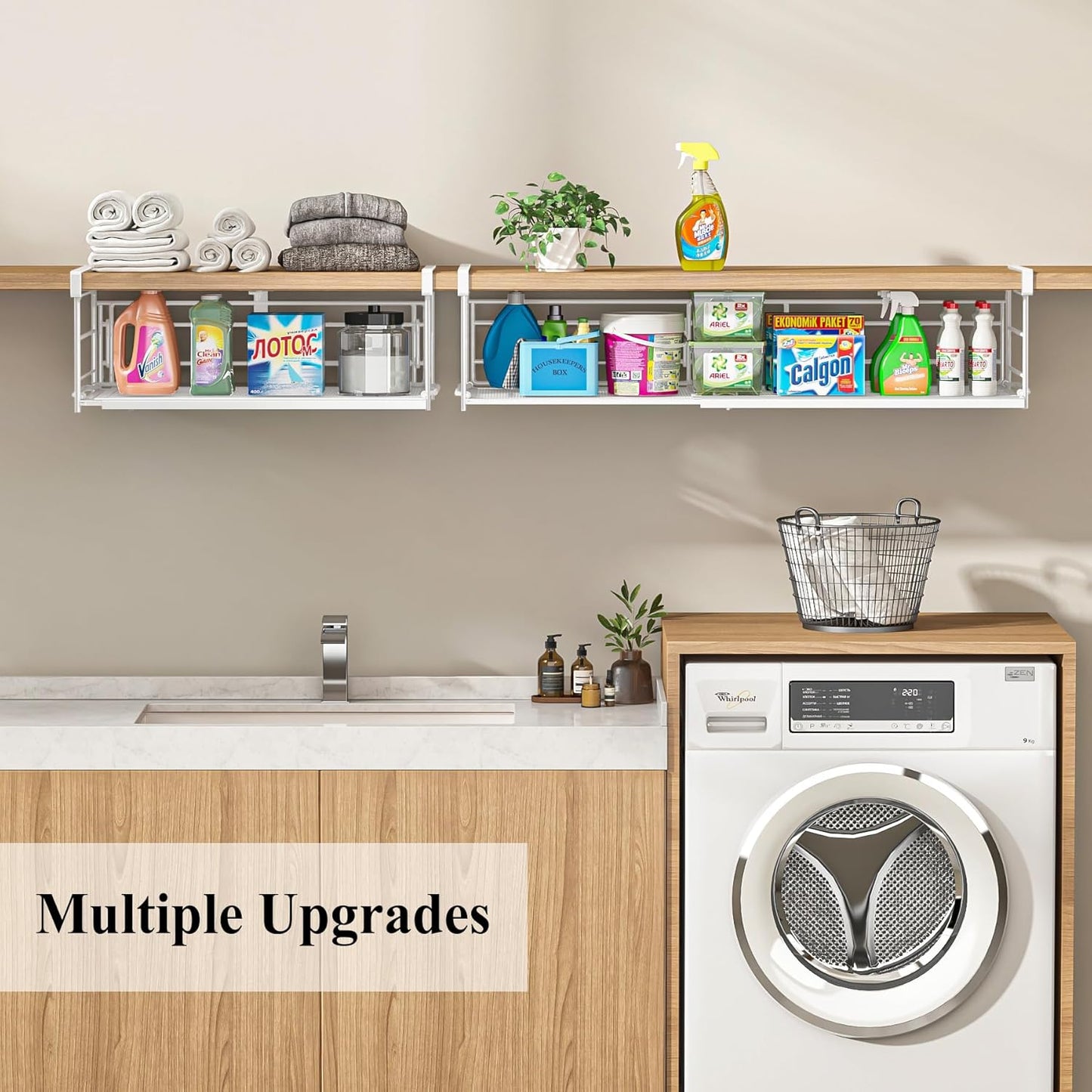 Expandable Under Cabinet Shelf, Extendable Under Shelf Storage with Removable Wire-Like Back for Pantry Cabinet, Laundry Room, Shoe Rack. (White, 1 Pack, Interior: 5" H x 10" D)