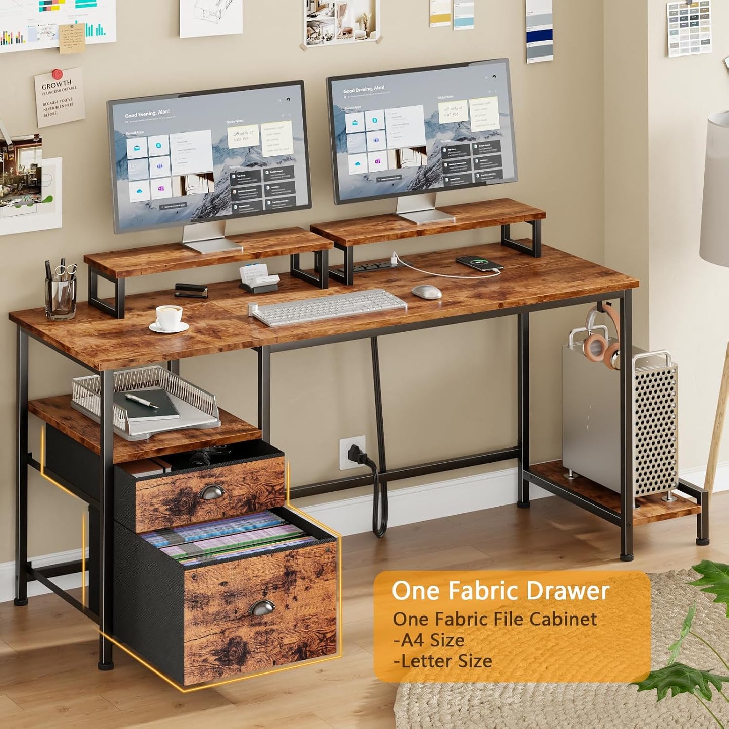 Furologee 47" Computer Desk with File Cabinet and Power Outlets, Home Office Desk with 2 Monitor Stands and Storage Drawer, Writing Gaming Table with Shelves and 2 Hooks for Bedroom, Rustic Brown