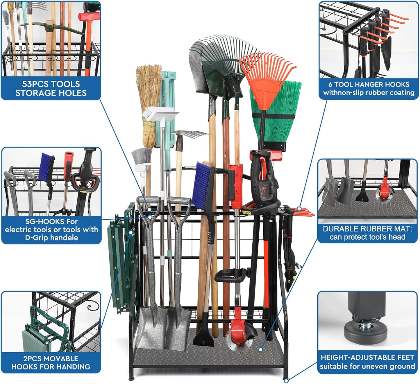 Garden Tool Organizer for Garage, Yard Tool Storage, Garden Tool Rack, for Shed Home Outdoor, Up to 58 Long-Handled Tools, Garden Tool Stand, Heavy Duty Steel, Black