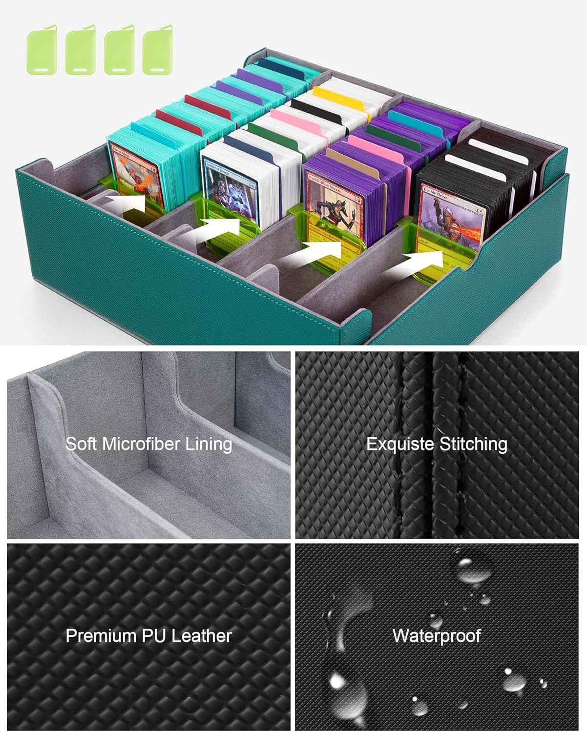 ZLCA Card Storage Box for MTG PTCG, Commander Deck Box Holds 3200+ Cards, Trading Card Storage Case with 4 Stoppers, Card Organizer for TCG Sport Cards(Green)