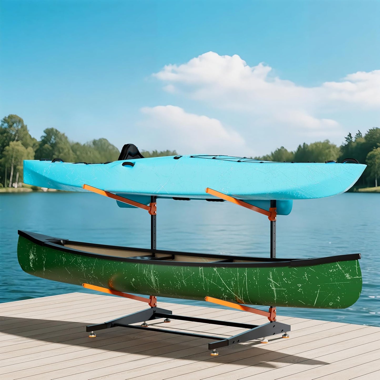 Kayak Storage Rack, Freestanding Outdoor Canoe Rack, Reinforced, Thickened, and Enhanced Rust Resistance, Holds 220 lbs, for Safe Garage and Outdoor Canoe Storage(2-Tier, Orange)