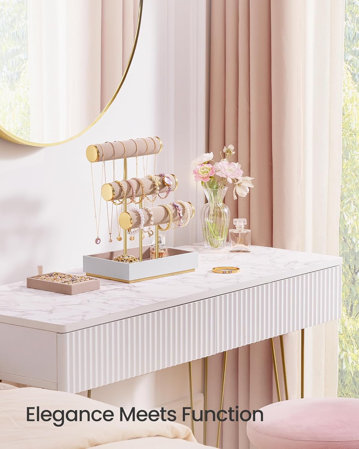SONGMICS Bracelet Holder Stand, Jewelry Display Stand, Jewelry Organizer, with 3 Tiers and Velvet Tray, Removable Ring Holder, Christmas Gift, Cloud White and Camel Brown UJJS027A01