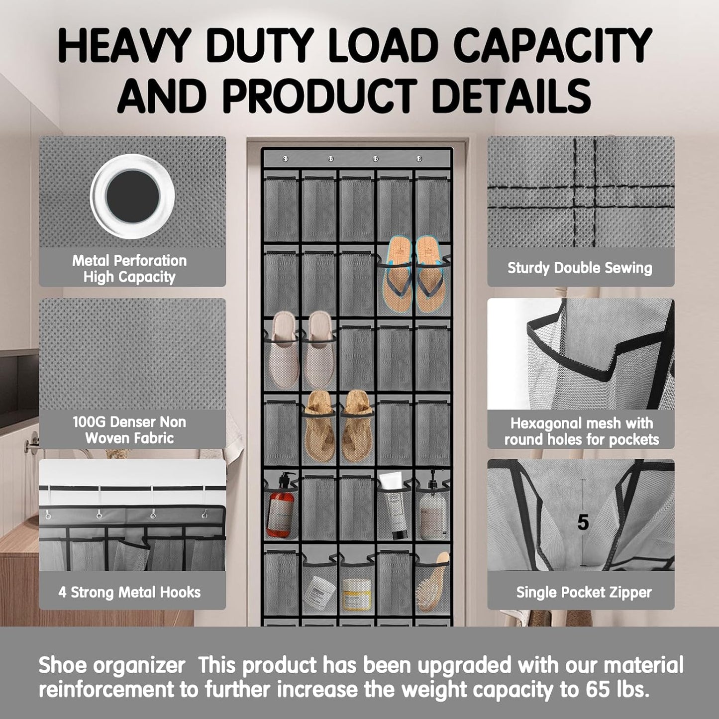 35 Compartment Over The Door Storage - Breathable Mesh Hanging Organizer with Large Pockets, Space Saving Design for Men & Women's Footwear, Closet, Bedroom (Gray)