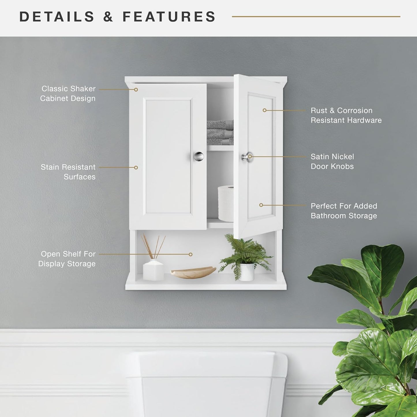 MCS 23x18 White Medicine Cabinet Organizer, Wall Mounted 2-Door Bathroom Cabinet for Over-The-Toilet Storage, Bathroom Furniture & Restroom Organizer