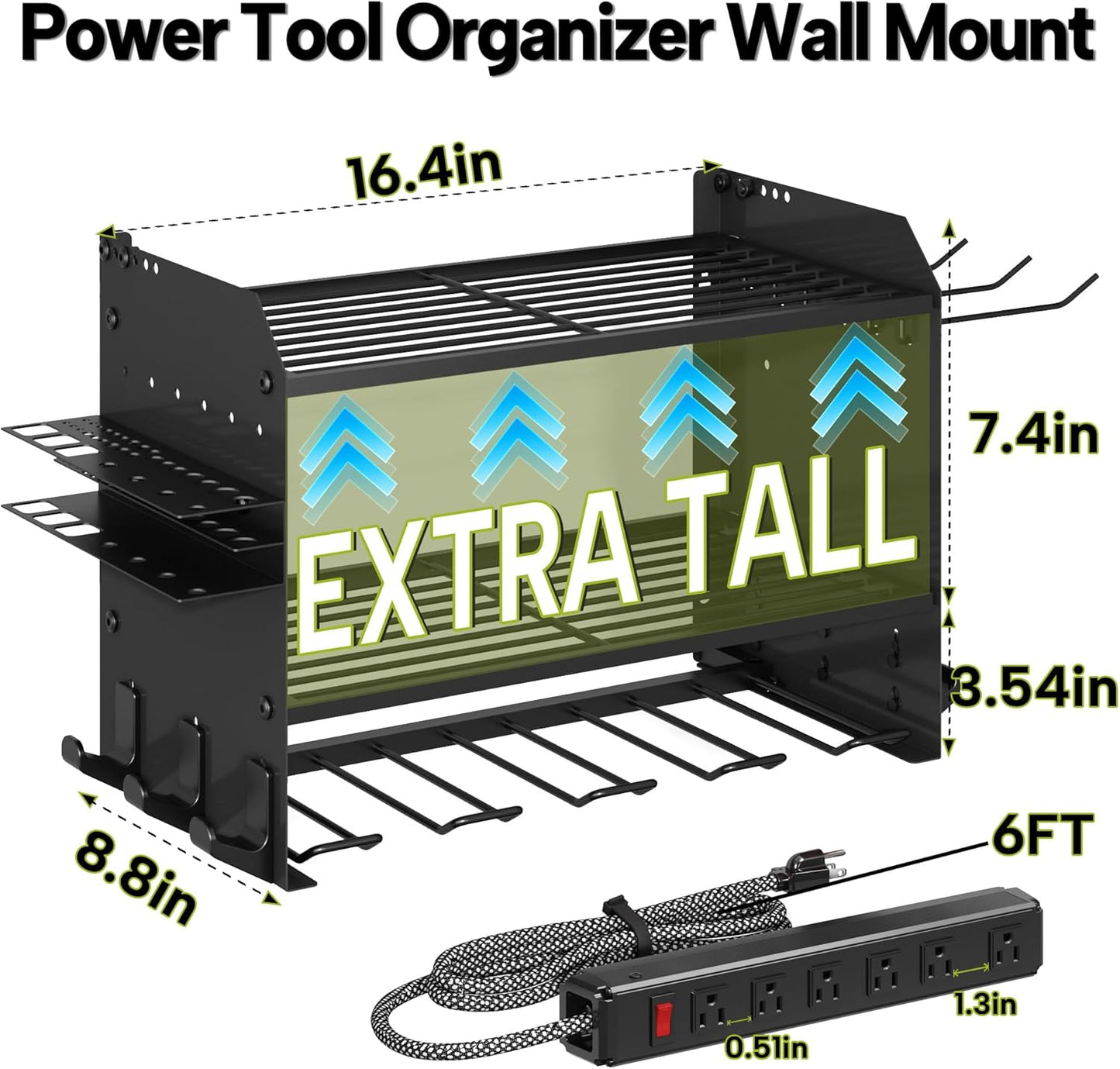 3 Layer Heavy Duty Power Tool Organizer Wall Mount with Charging Station, Adjustable Metal Storage Rack, 6 Outlets Strip, Drill Holders, Hooks & Drill Bit Rack for Garage, Workshop, Black