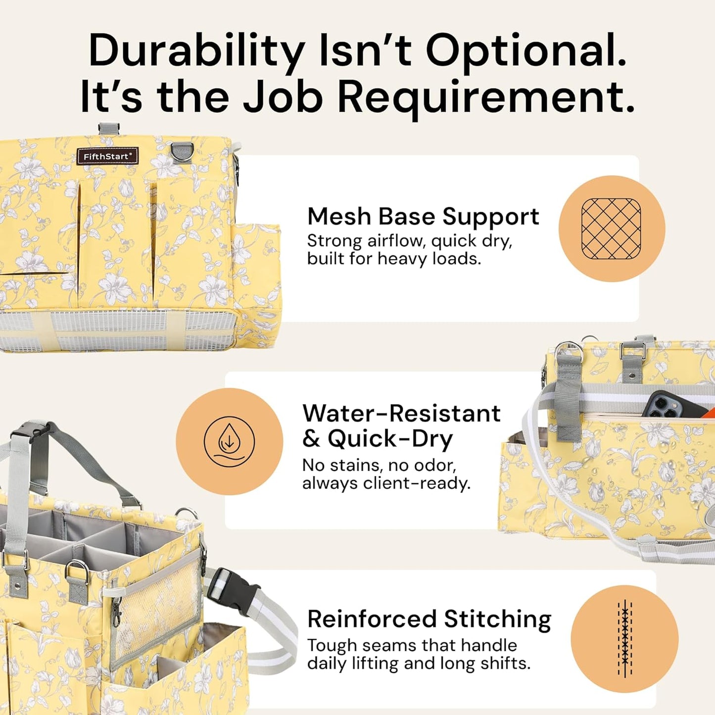 FifthStart Multi-Purpose Cleaning Caddy with Waist, Shoulder Strap, Mesh Base & 9 Pockets – Easy to Clean Diaper Caddy with Adjustable Compartments (Yellow Floral, X-Large)