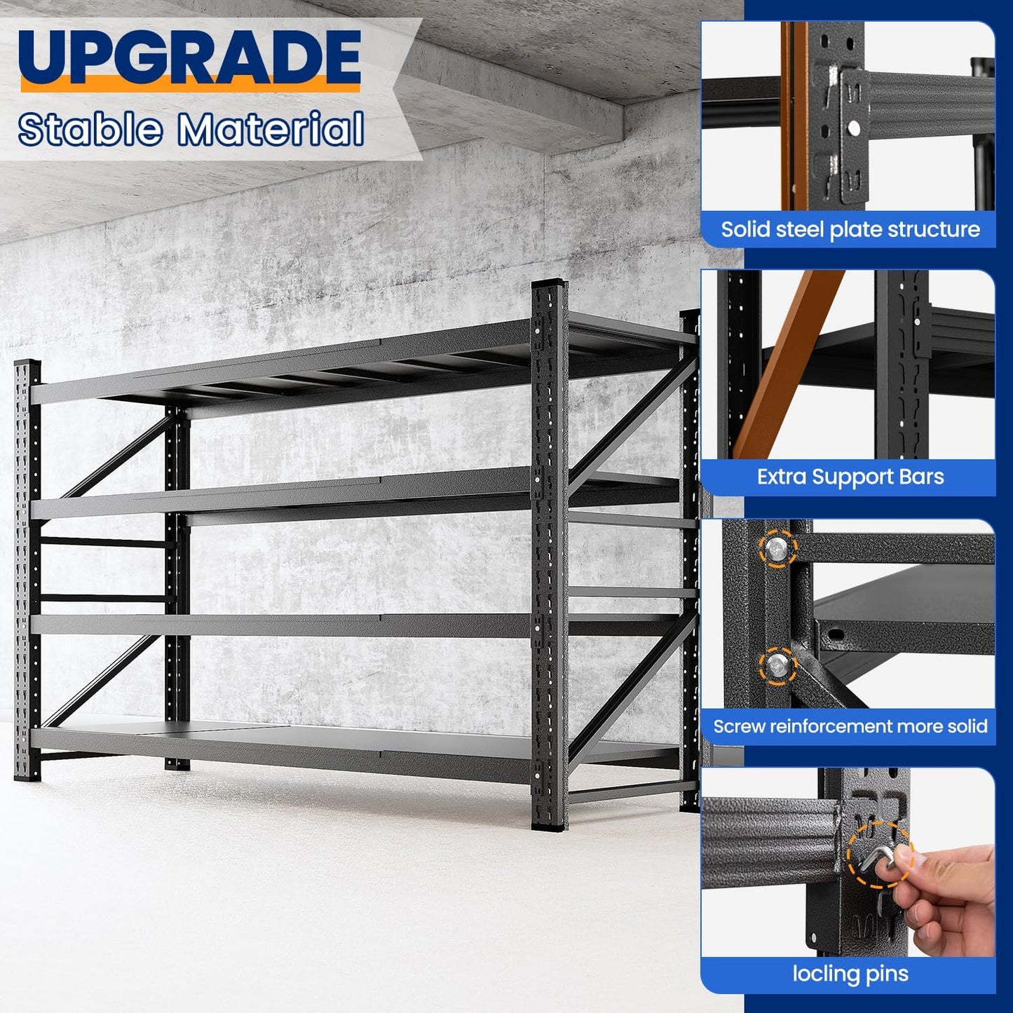 MIIIKO 68" W Storage Shelves,7500LBS Metal Garage Storage Shelving,Heavy Duty Adjustable Unit Storage Shelves for Warehouse,Basement,68" W x 24" D x 63" H,Black