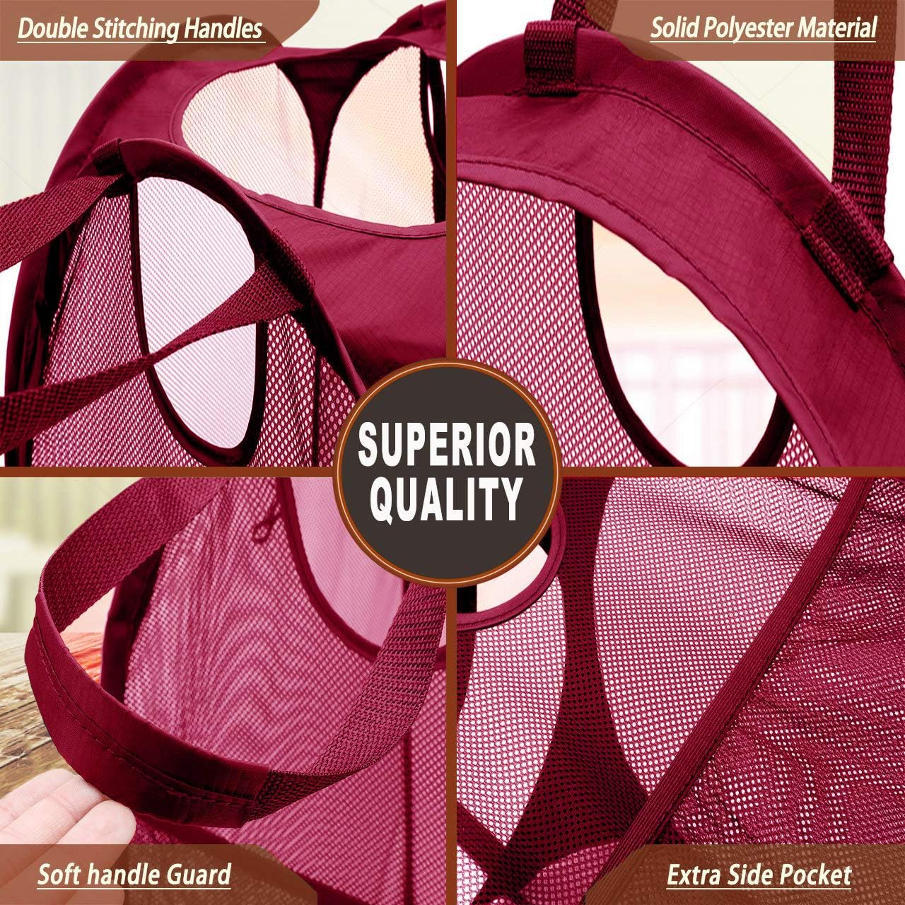 Strong Mesh Pop-up Laundry Hamper, Quality Laundry Basket with Durable Handles Solid Bottom High Carbon Steel Frame, Easy to Open and Fold Flat for Storage (Red)