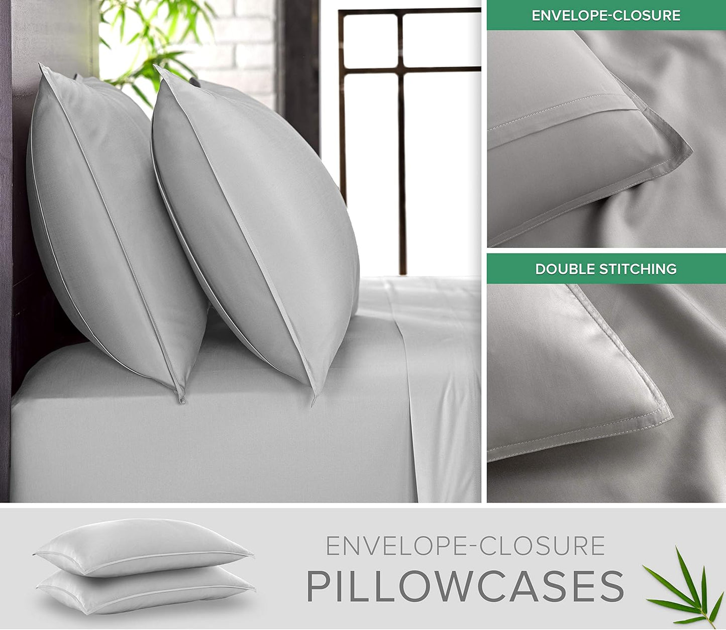 King Pillowcases by Pure Bamboo, Genuine 100% Organic Viscose Derived from Bamboo, Luxuriously Soft & Cooling, Double Stitching, Envelope Closure (2 King Pillowcases, Silver Pearl)