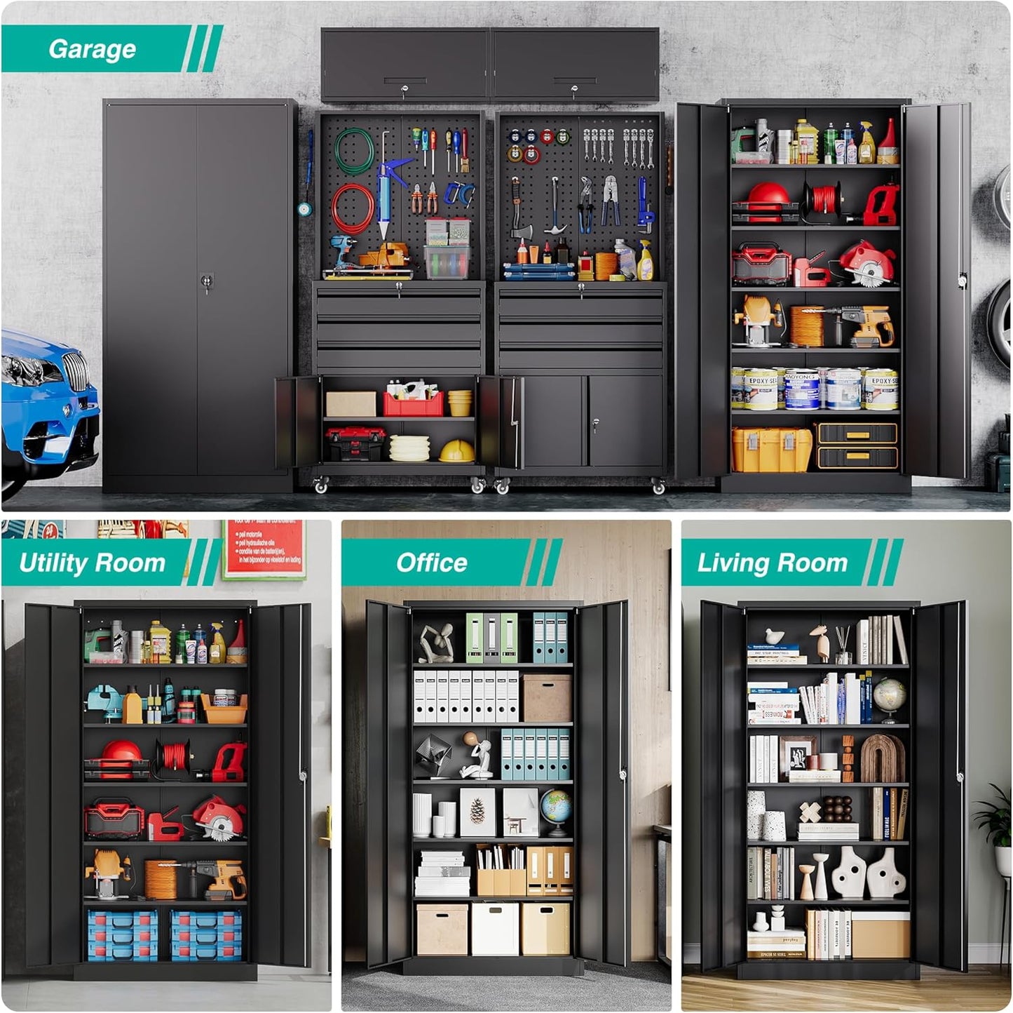 SISESOL Wide & Deep Metal Storage Cabinet with Lock & 5 Adjustable Shelves,72" Black Garage Storage Cabinet with Locking Doors,Lockable Cabinets for Home,Office,Garage,Shop,Basement 72x36x18