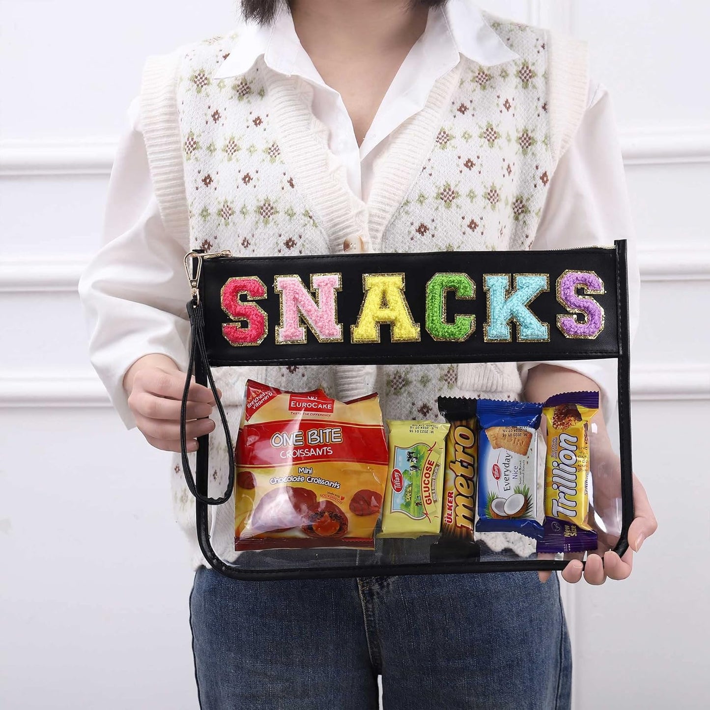 TopTTanBo Chenille Letter Clear Bag Purse Multi-purpose Transparent Waterproof Snacks Makeup Tote Bag with Wrist Strap