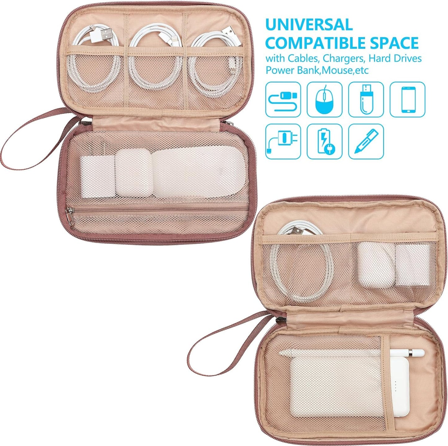 NISHEL Travel Cord Organizer Case, Double Layers Tech Electronic Case, Travel Essentials for Charger, Cable, Phone, Flash drive, Medium, Rose-wood Pink