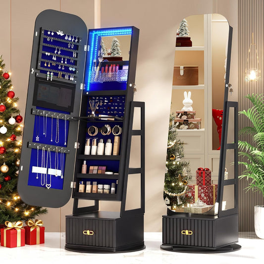 360°Swivel Jewelry Organizer with Full Length Mirror with Lights,Jewelry Armoires Cabinet Standing with Drawer,Large Mirror Storage for Jewelry and Makeup(Black)