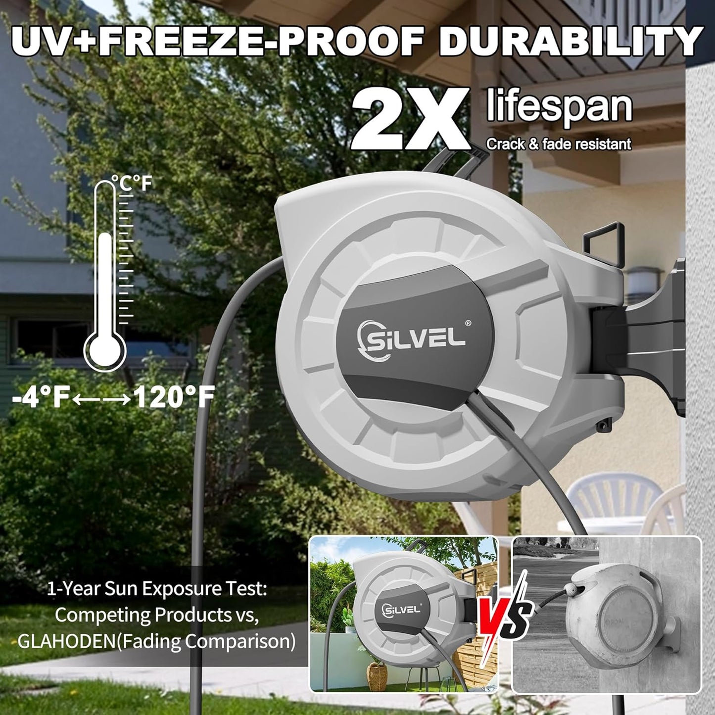 SILVEL Retractable Garden Hose Reel,1/2 in x 75ft Wall Mount Heavy Duty Automatic Hose Reel with 10 Pattern Nozzle, Any Length Lock & Slow Return System, 180°Swivel Bracket Upgraded UV Resistant