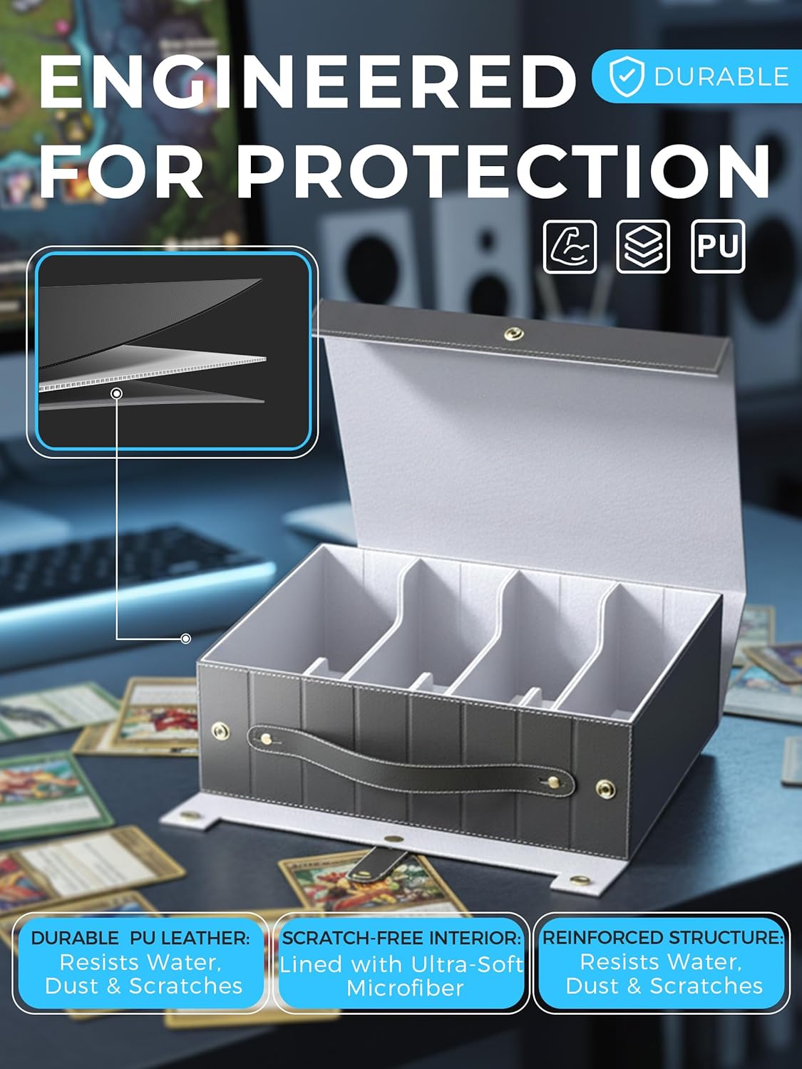 Top Loader Compatible Trading Card Storage Box with Handle, Small Case & Dividers - 2000+ Capacity Magnetic Deck Box for MTG Commander, for TCG, Sports Cards & Collectibles, Black Grey