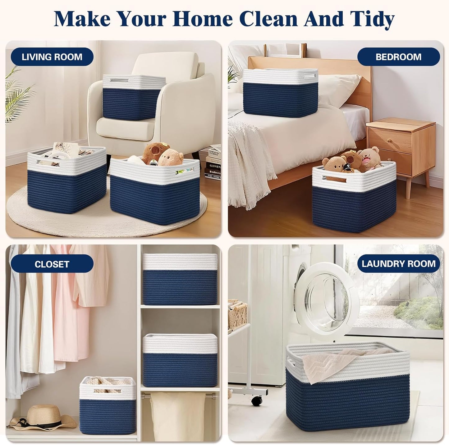 Storage Baskets for Organizing, 4 Pack Storage Baskets for Shelves, Woven Basket for Shelves, Closet Organization, Rectangle Organizer Basket Gifts Empty, 13"Lx8.7"Wx7.9"H Decorative Bins with Handles