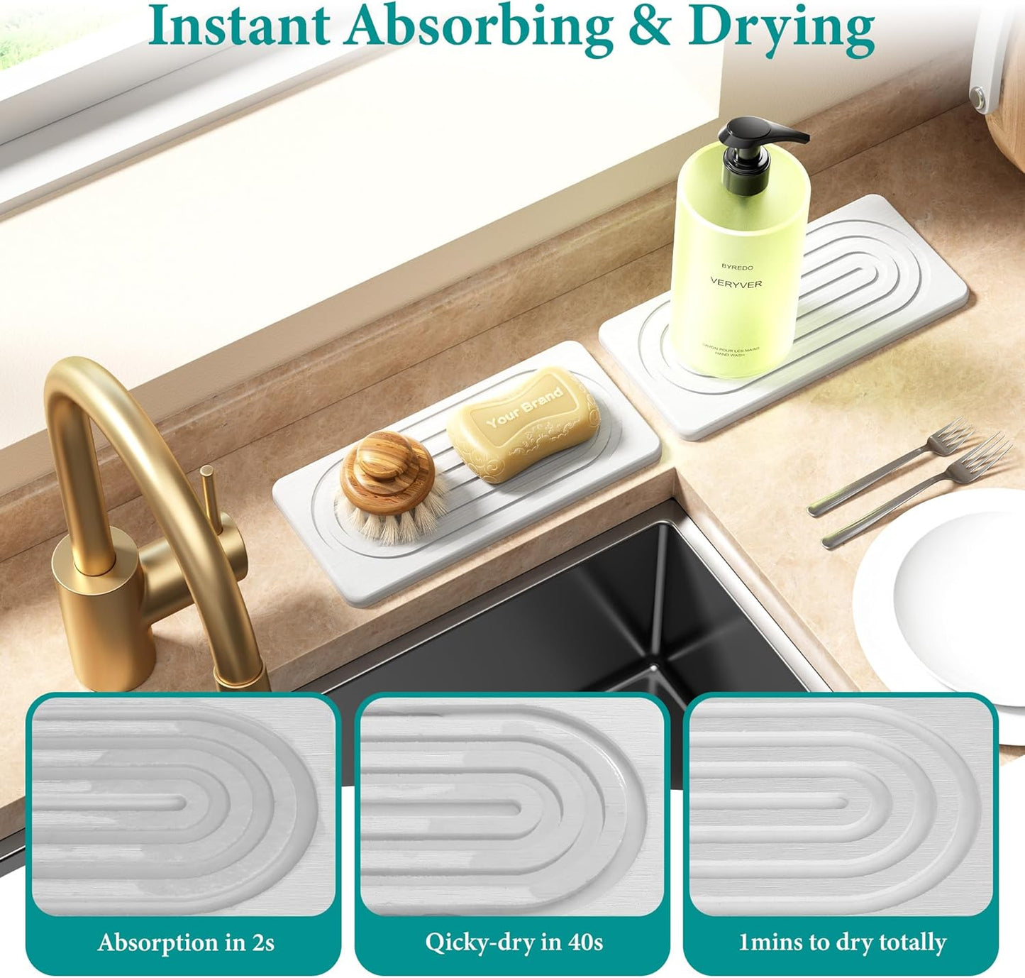 2 PCS Water Absorbing Stone Tray for Sink, Quick Drying Diatomite Bathroom Tray Countertop, Stone Drying Mat for Kitchen Counter Faucet, Soap Dish Dispenser Vanity Organizer, White-A-8.3" x 4"