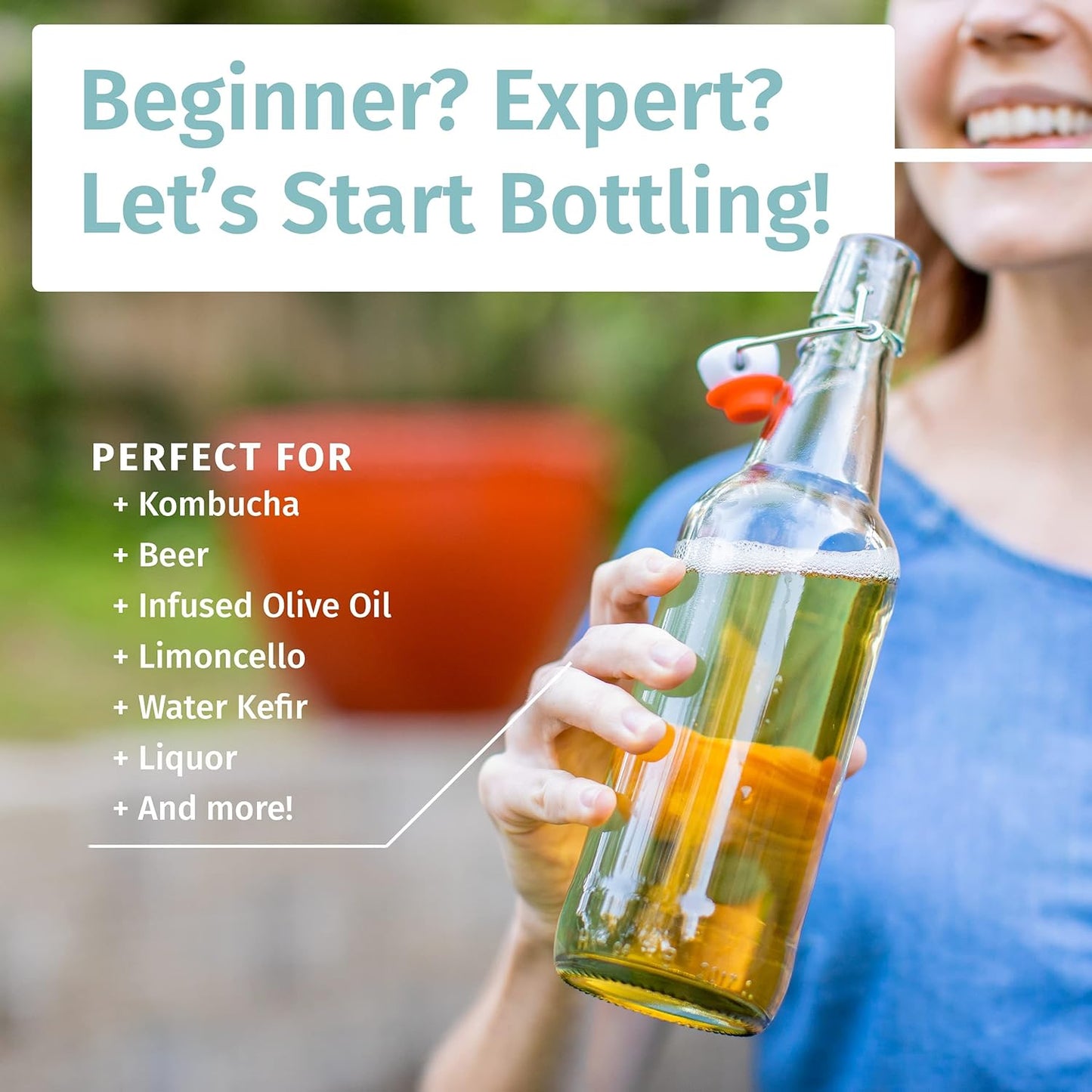 Otis Classic Glass Bottles with Caps - Set of 6 Clear Swing Top Glass Bottles w/Ceramic Lids for Storing Kombucha, Liquor, Syrup, Wine, Kefir & Beer - Bonus Marker & Labels Included, 16oz