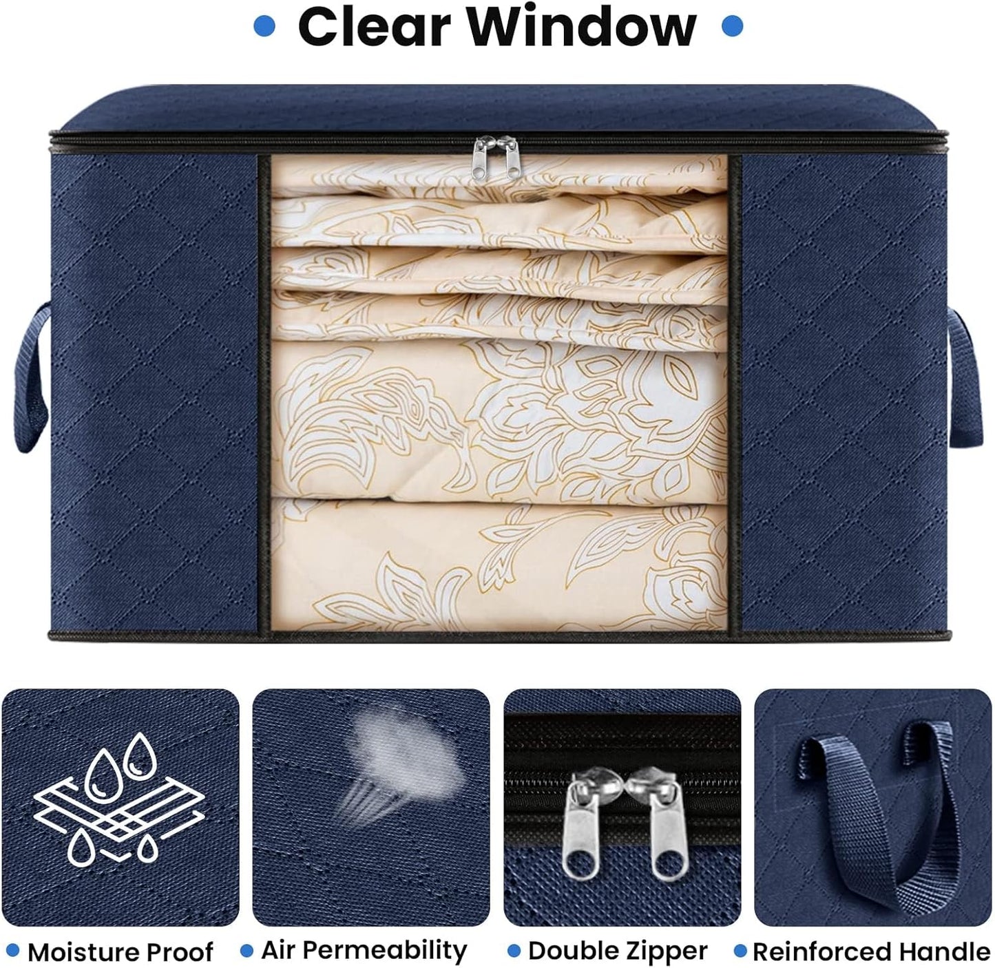 Fab totes Storage Bags,Clothes Blanket Storage Bins Foldable Closet Organizers with Reinforced Handle for Home Dorm Storage and Organization,Fabric Bags for Organizing Sheets,Clothing (Blue,4 Pack)