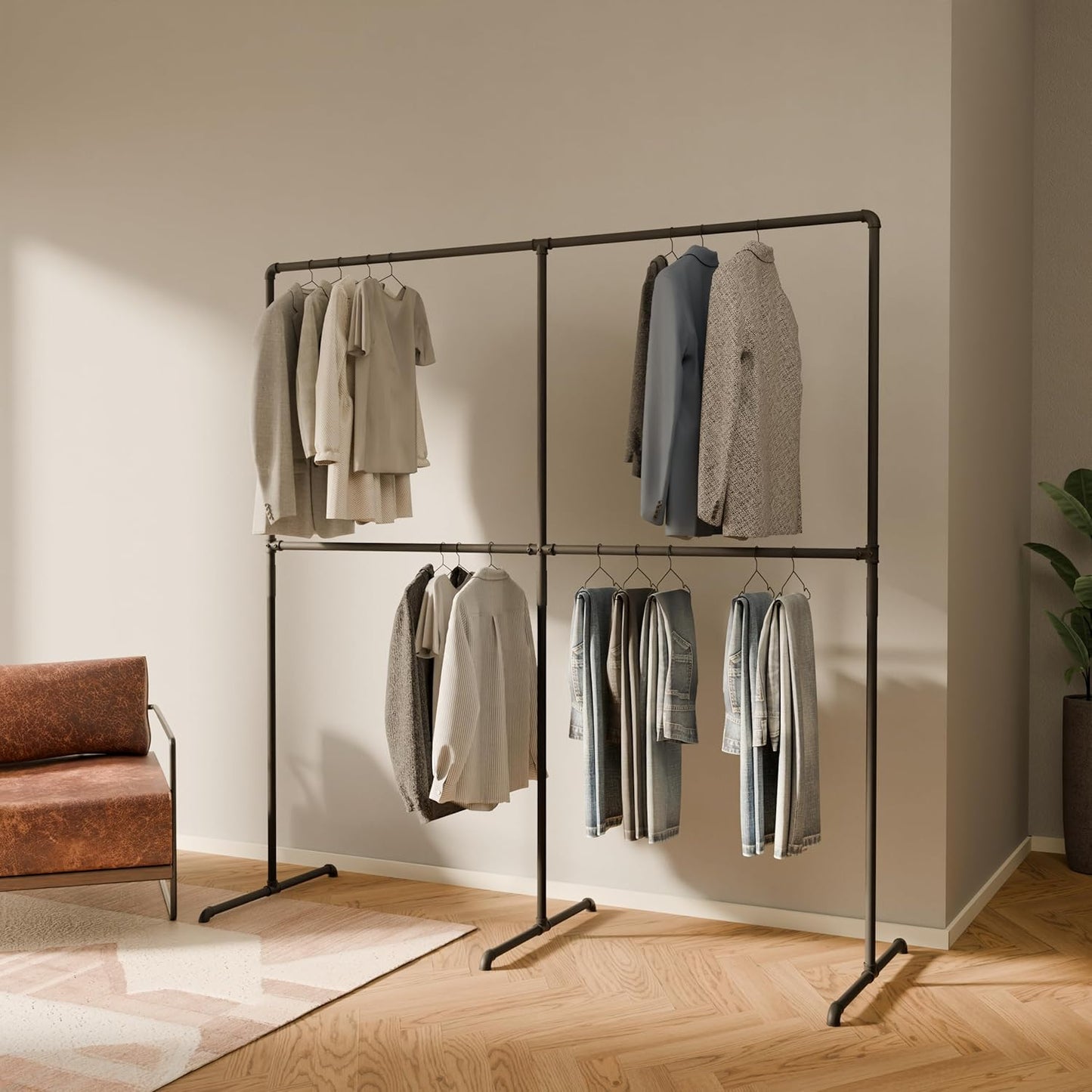pamo Industrial Design garment rack - LAS 2 Black - freestanding Coat Rack for Walk-In Wardrobe Wall I Clothes Rack Made of Black Sturdy Pipes freestanding from Water Pipe